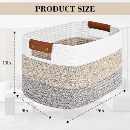 Cotton Rope Storage Basket Woven Shelf Storage Bin with Detachable Leather Handles, Decorative Closet Shelf Woven Basket (Gradient Brown 3PACK)
