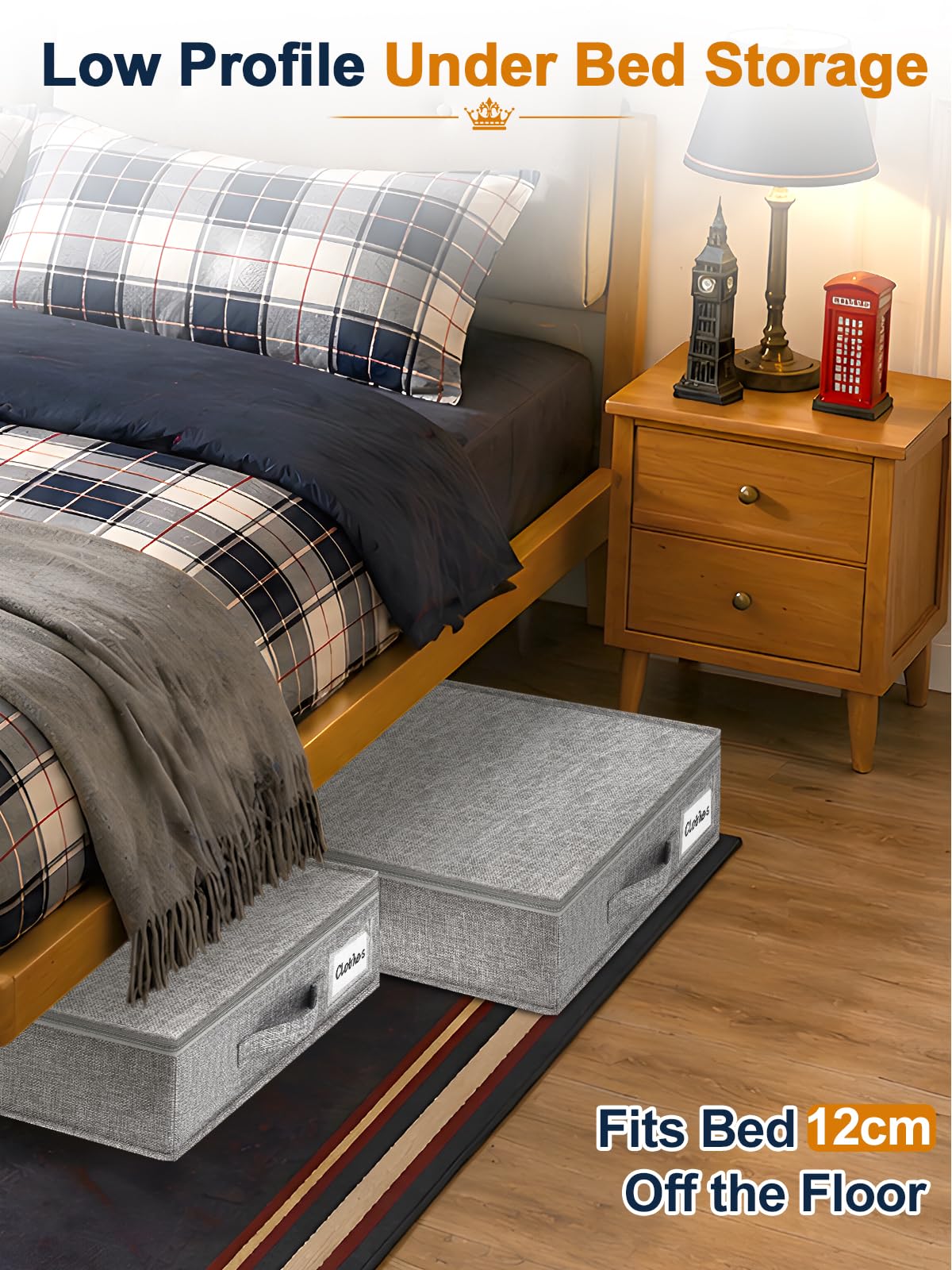 40L 12cm Tall Shallow Underbed Storage Boxes with Zipped Lids, 2 Pack, Grey