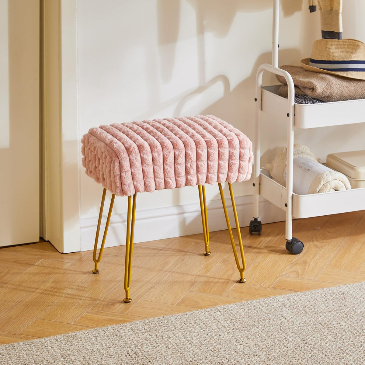 IBUYKE Makeup Vanity Chair, Rectangular Footrest Stool, Pink WBD003P
