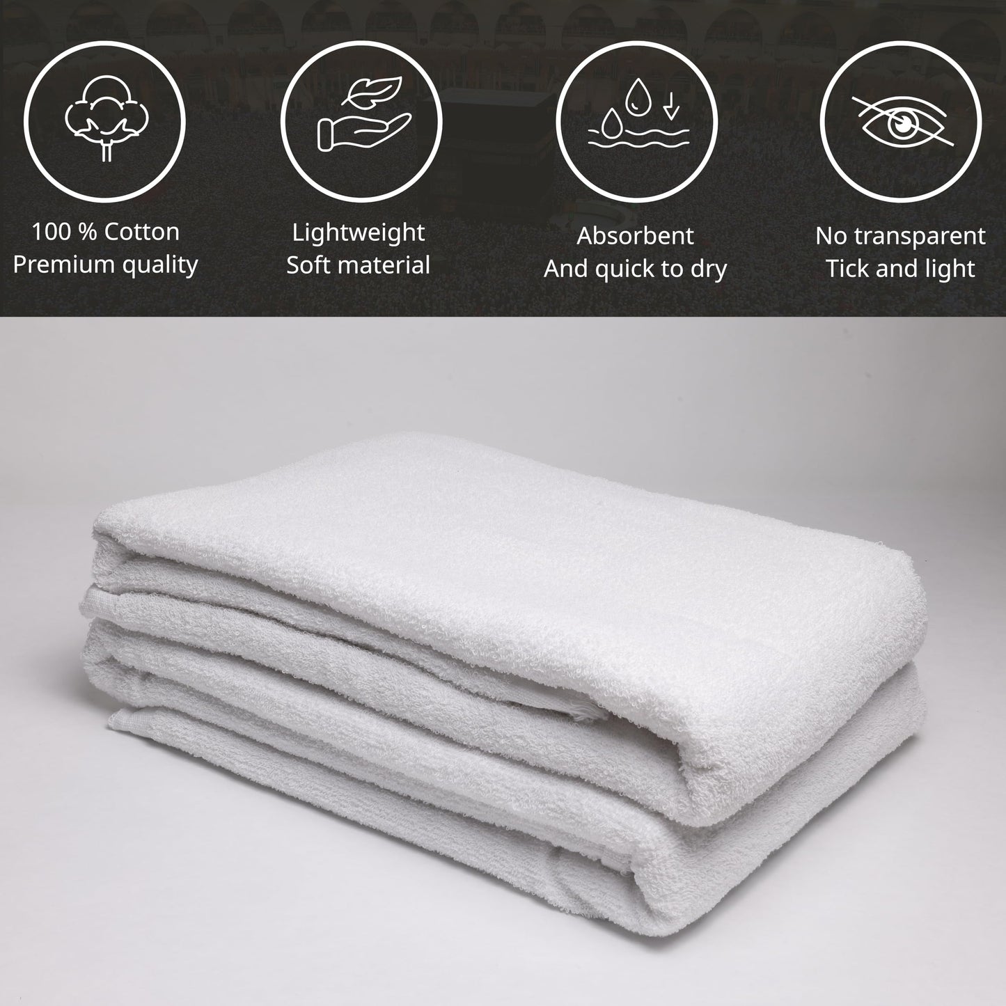 Ihram Hajj and Omra Adult 1350grame - Set of 2 Thick White Towels - 110 x 220 cm - Made from 100% Natural Cotton of Turkish Origin