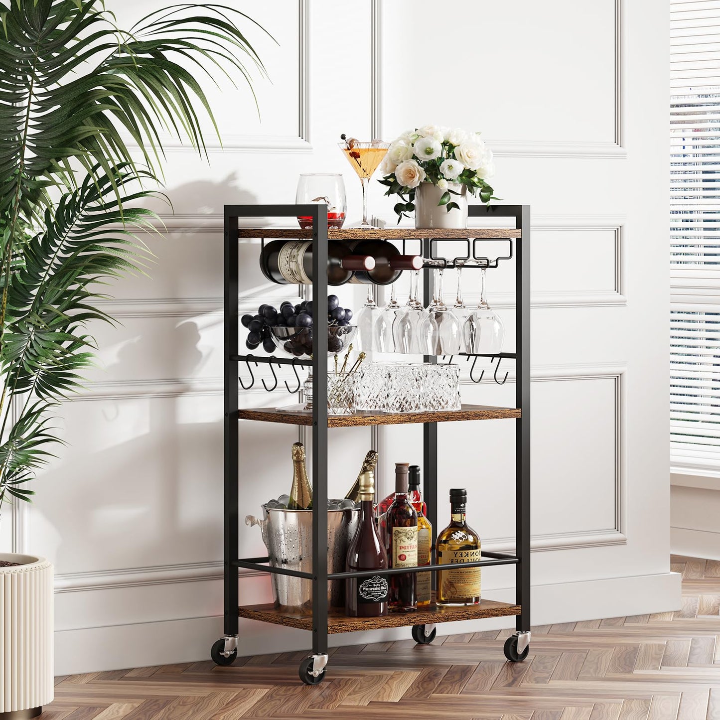 TUTOTAK Drinks Trolley, Bar Cart with 3-Tier Shelf, Serving Trolley with Wine Rack, Glass Holder, Rolling bar cart for the Home, Living Room