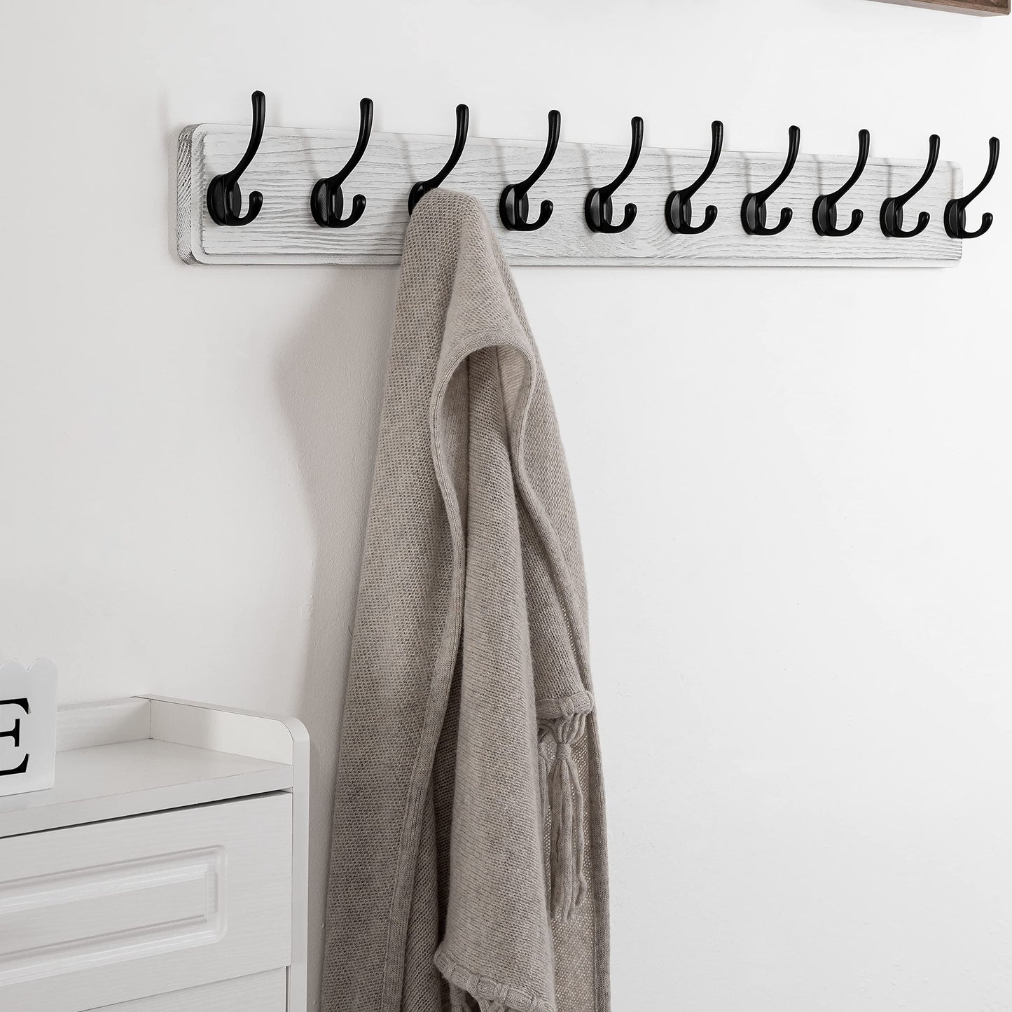 SKOLOO Farmhouse Style Wall Mounted Coat Rack, Pack of 2, Pine Solid Wood Coat Hook Hanger - 10 Hooks for Hanging Clothes Robes Towels Coats
