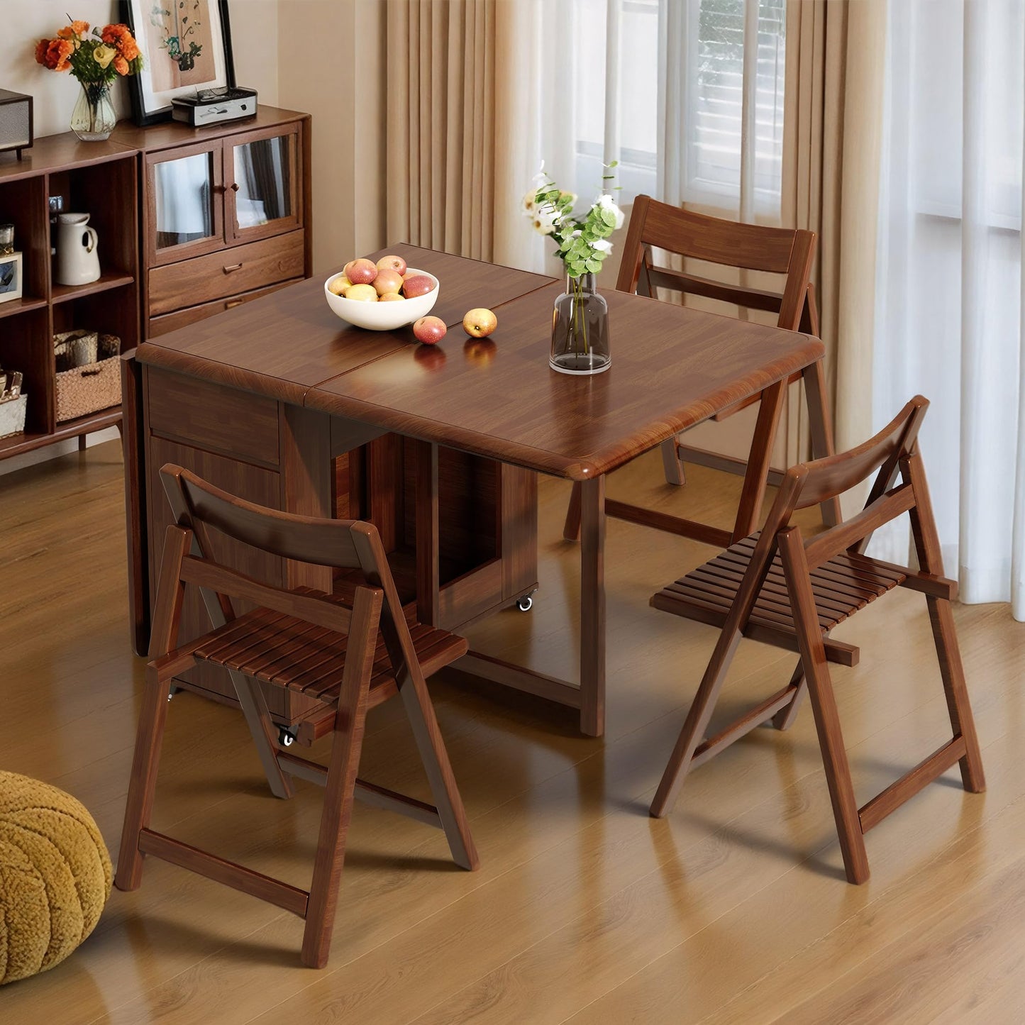 GildedGrove Walnut Foldable Dining Table Retro Design, Mobile on Casters with Storage Compartment, Space-Saving 1.3/1.5 Metre Long Table for Kitchen