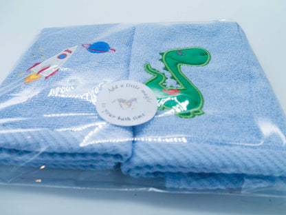 Lex's Linens Pack of 2 Kids Face Cloth 1 x Dinosaur & 1 x Rocket