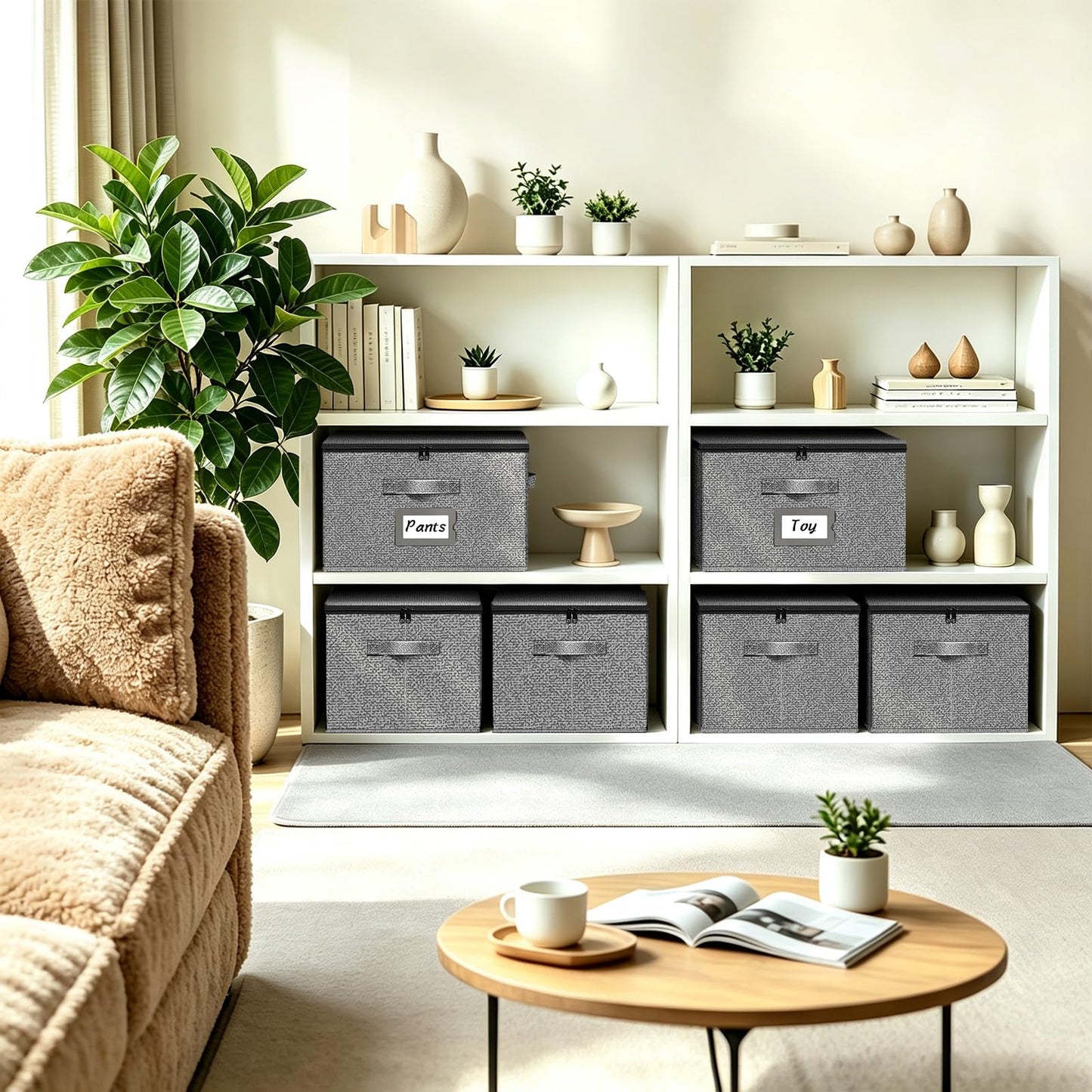 BrilliantJo Storage Boxes with Lids set of 3, Clothes Organiser with Label Holder & Double Zips 40x30x25cm Grey