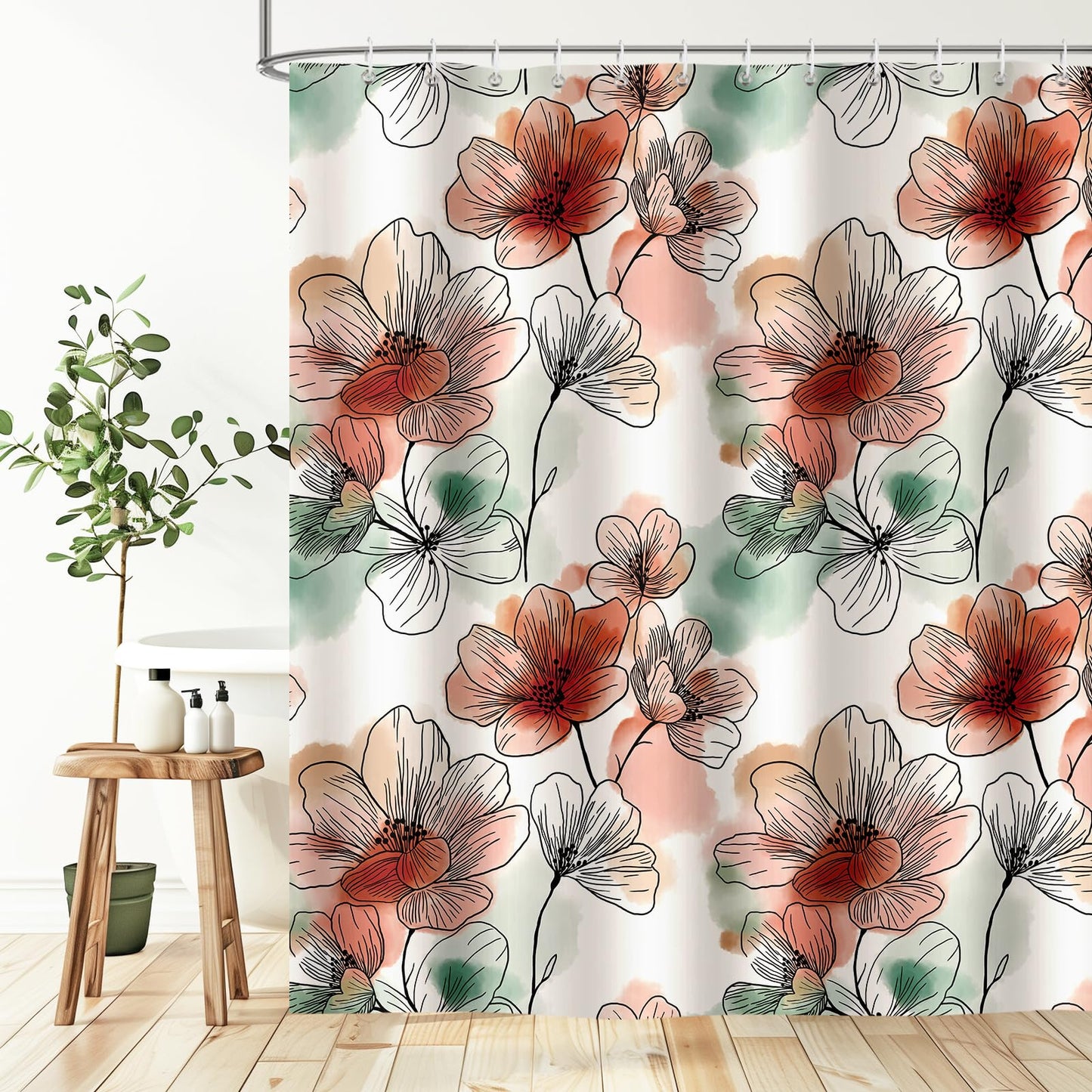 Hopomoon Watercolour Floral Shower Curtain, Waterproof Polyester Bath Curtain, Botanical Print Decorative Boho Abstract Art Shower Curtain with 12