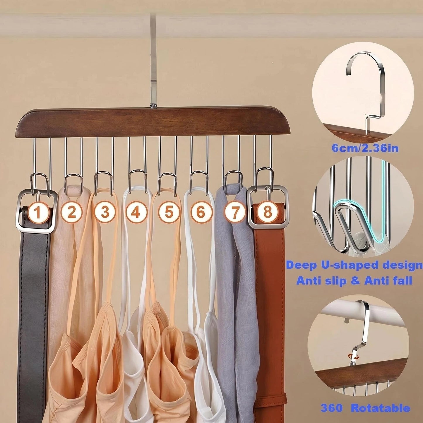 JXAurix 2 Pack Non Slip Wooden Multi Hook Hanger 8 Hooks Each 360° Rotatable U-Shaped Heavy Duty 40kg Load Bearing Wardrobe Organiser for Belts Ties