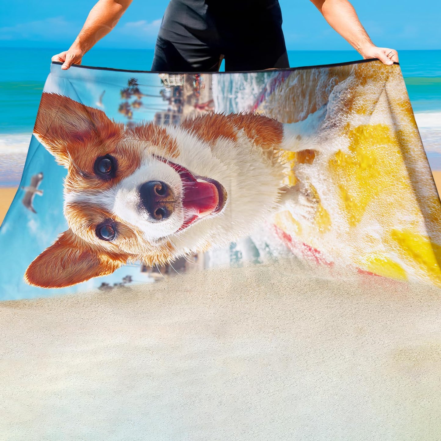 Violetpos Surfing Corgi Beach Towel, Extra Large 180x90 cm 250GSM Microfibre, Sand Free Quick Dry