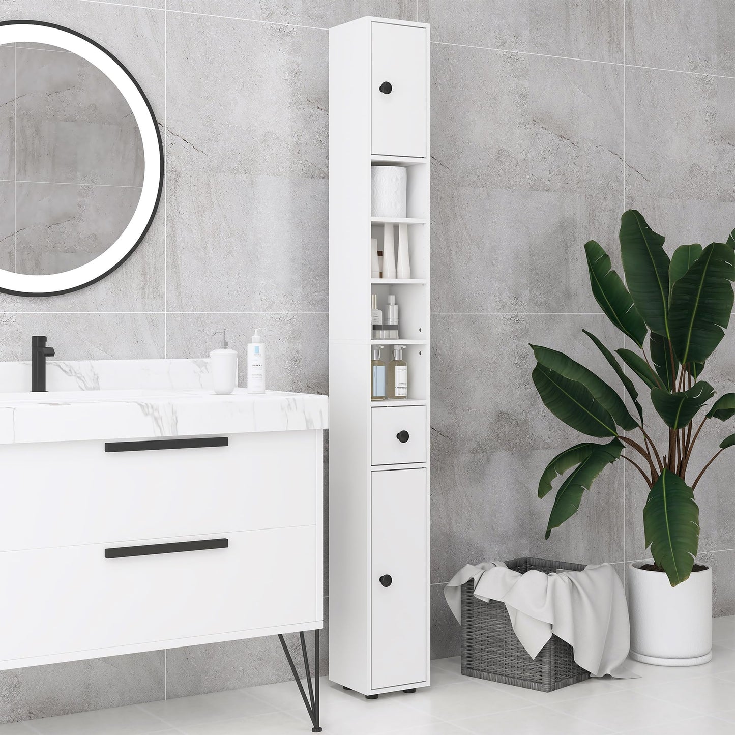 kleankin 180cm Tall Bathroom Cabinet, Slim, 4 Open Shelves, White