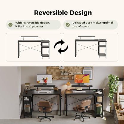Mericonia Reversible Corner Desk, w. Led & Power Outlets, 140x70cm, Black