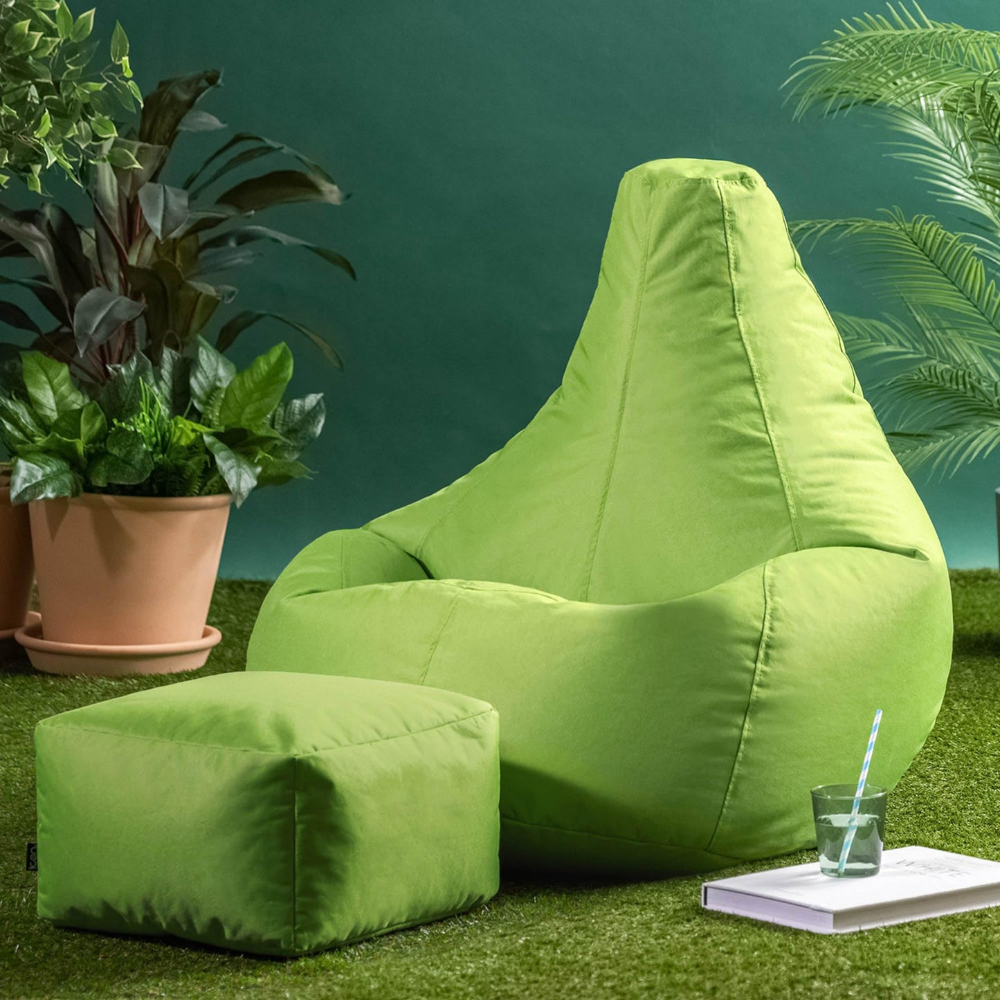 Bean Bag Bazaar Outdoor Bean Bag & Footstool with Filling Included, Green