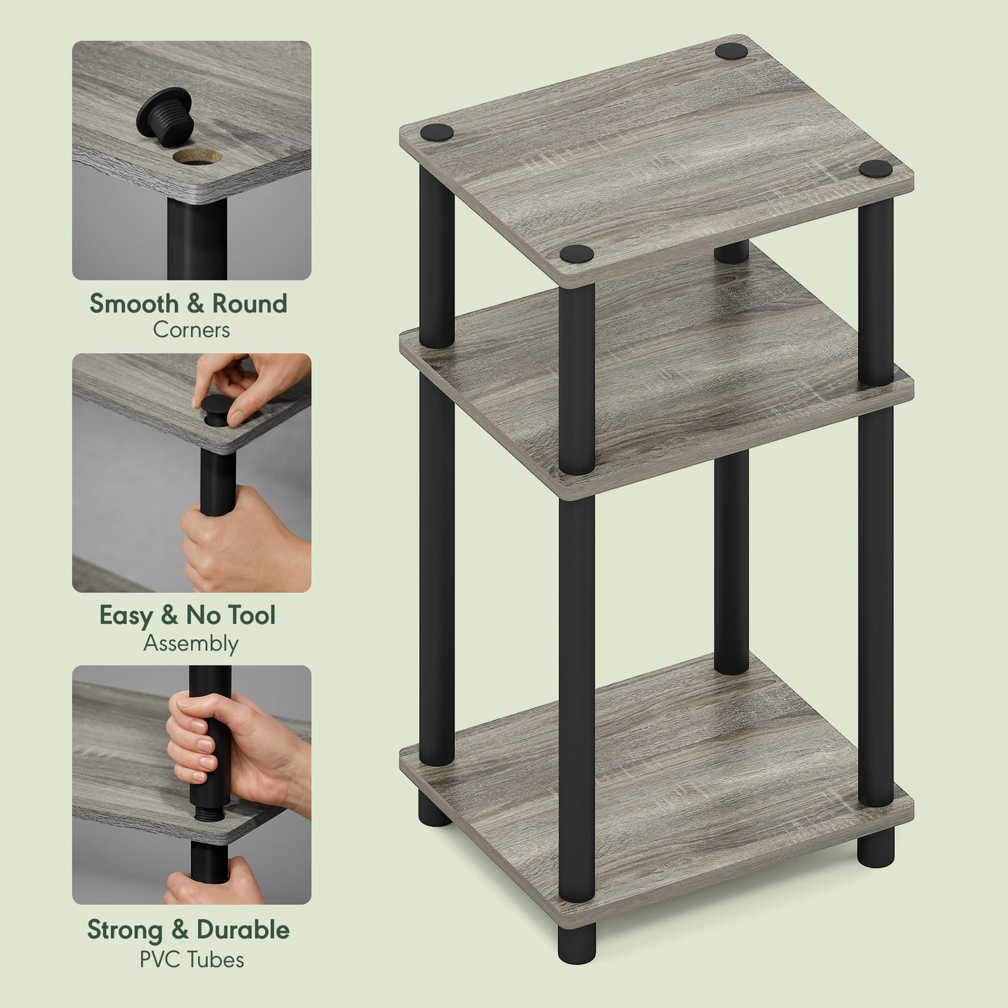 Furinno TURN-N-TUBE Side Table, 3-Tier End Table, Night Stand, Bedside Table, for Living Room, Bedroom, Grey Oak