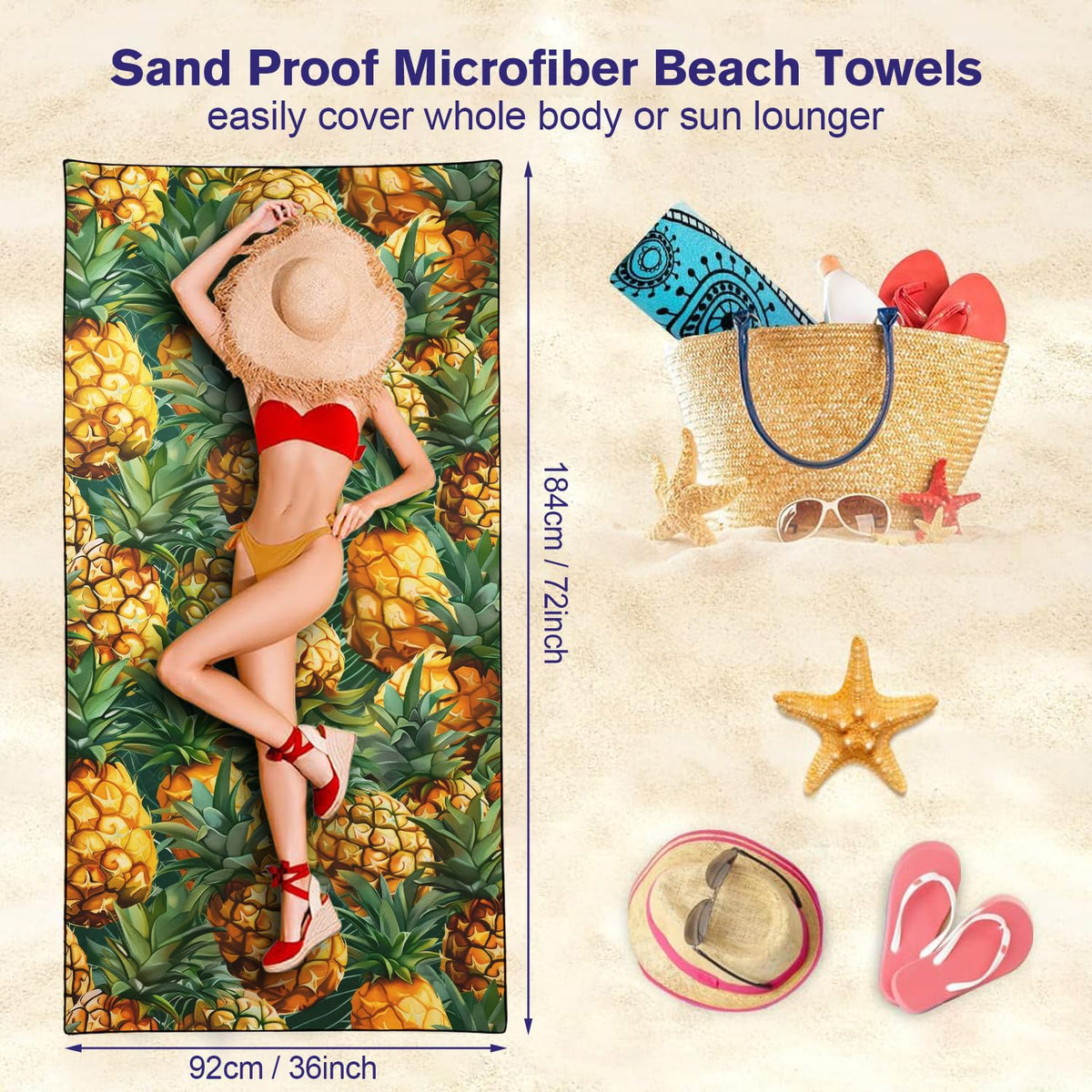 YISUMEI Pineapples Beach Towels for Adults Extra Large 180 x 90 cm, Fruit Pattern Print Microfibre Quick Dry Towel for Travel Swimming Camping Sports