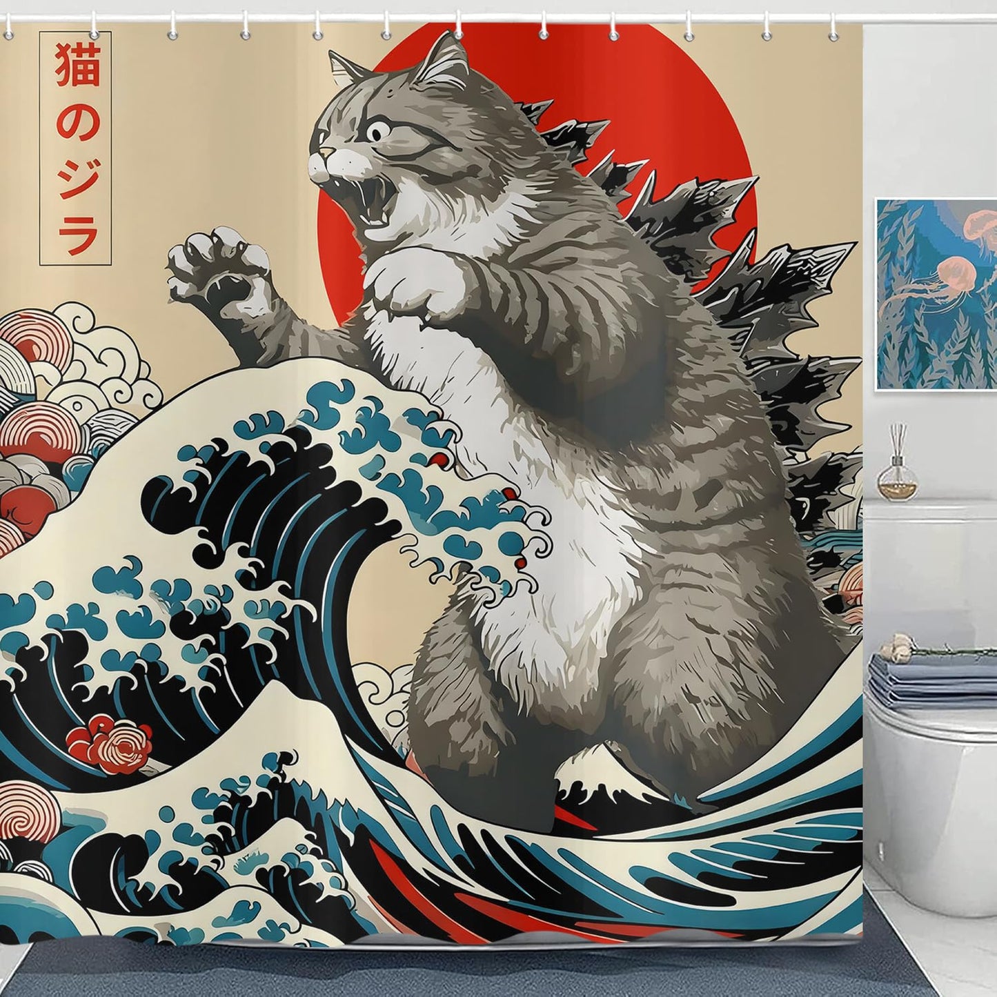 ASDCXZ Japanese Cat Shower Curtain 180x200 cm, Vintage Funny Japan Anime Cat Sun Wave Kids Animal Waterproof Bath Curtain Polyester Textile Washable