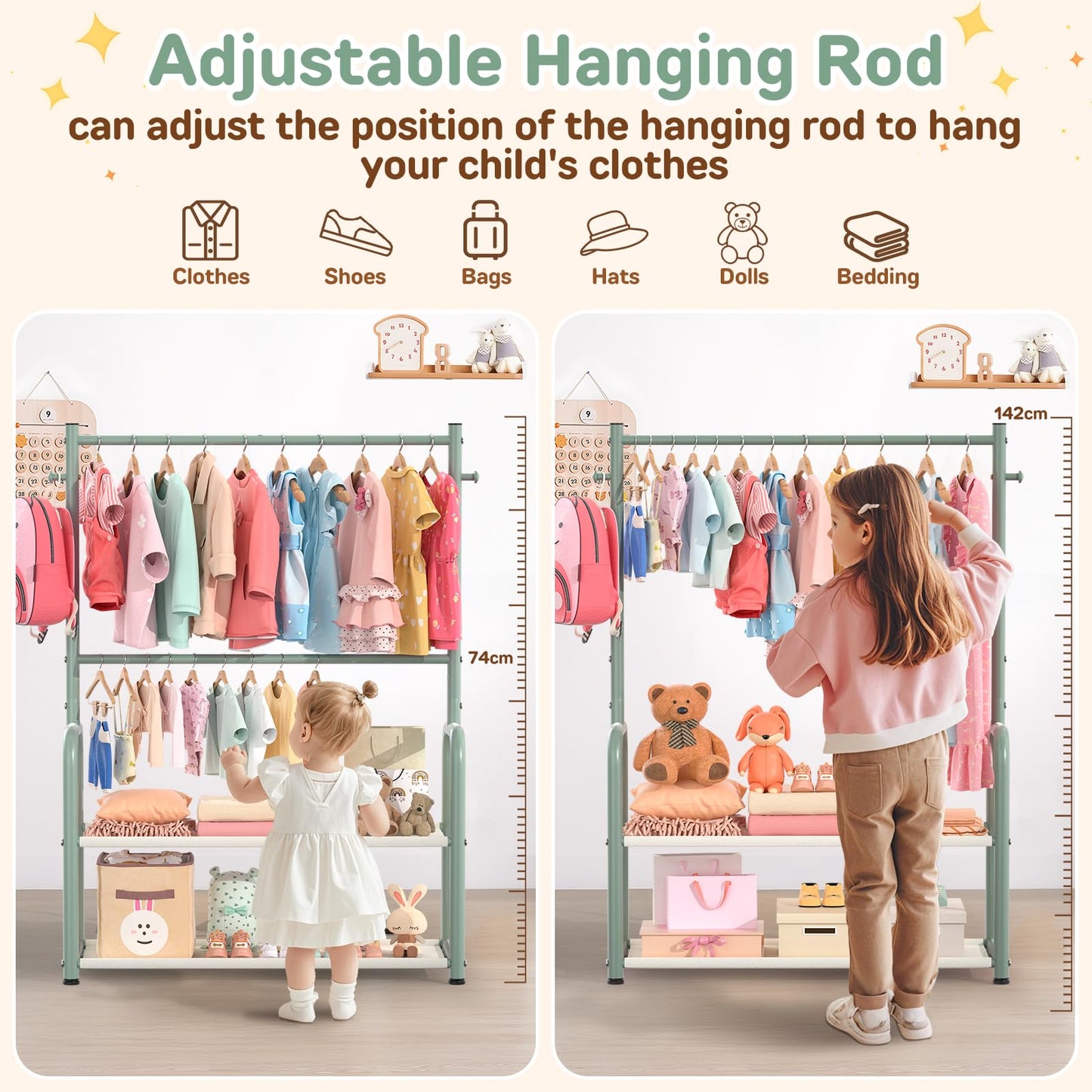 Kids Clothing Rail, Adjustable Toddler Dress Up Storage Rack, Green