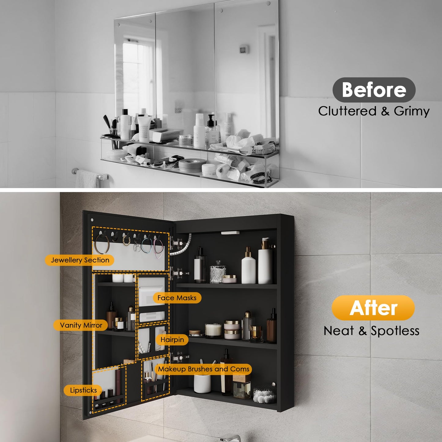 ELEGANT LED Bathroom Mirror Cabinet with Shaver Socket, Black, 485x700mm