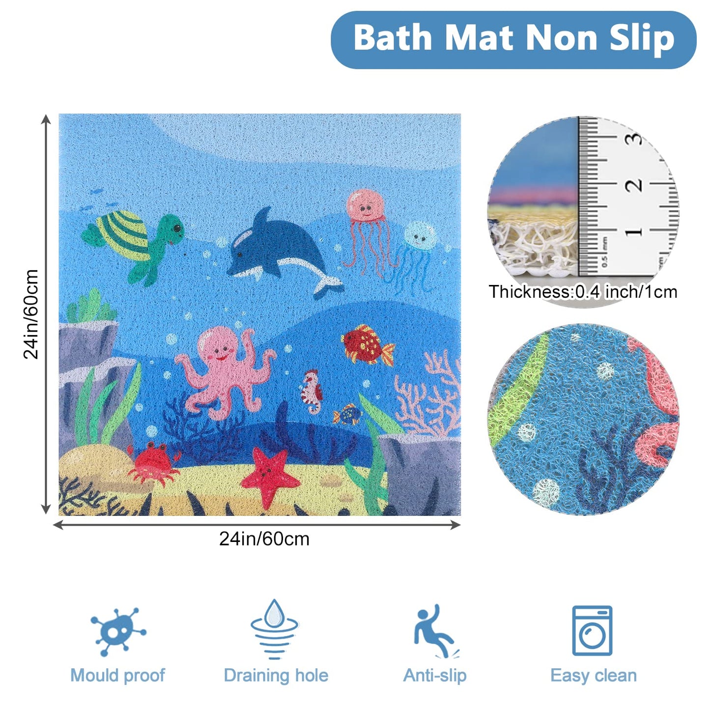 Square Shower Mat 60x60 cm, Loofah Shower Mats for Inside Shower, Non Slip Anti Mould Bath Mat