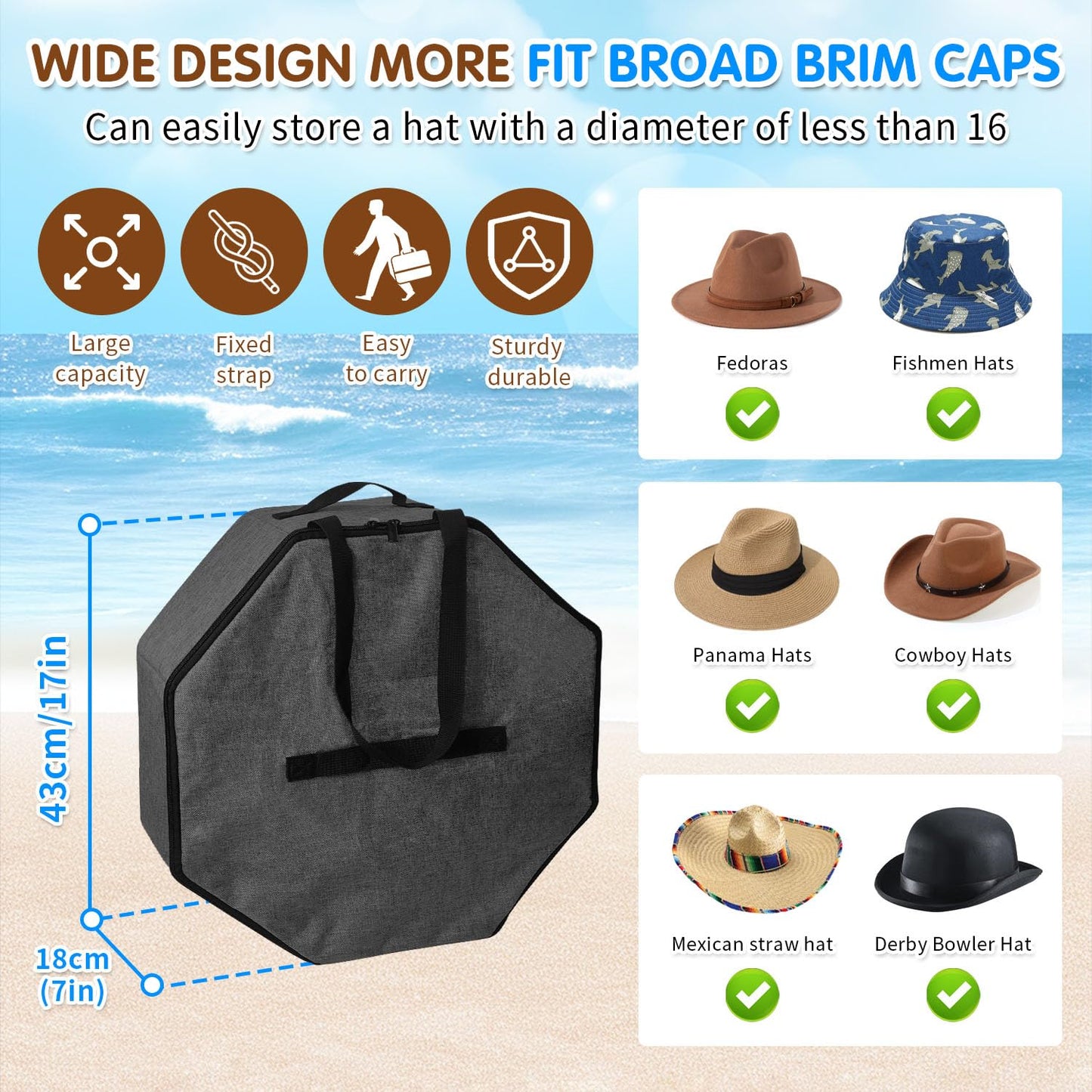 BOHEMIABY Foldable Hat Box with Handle - Stackable Storage Organizer for Closet, Travel Cowboy Hat Carrier for Women & Men