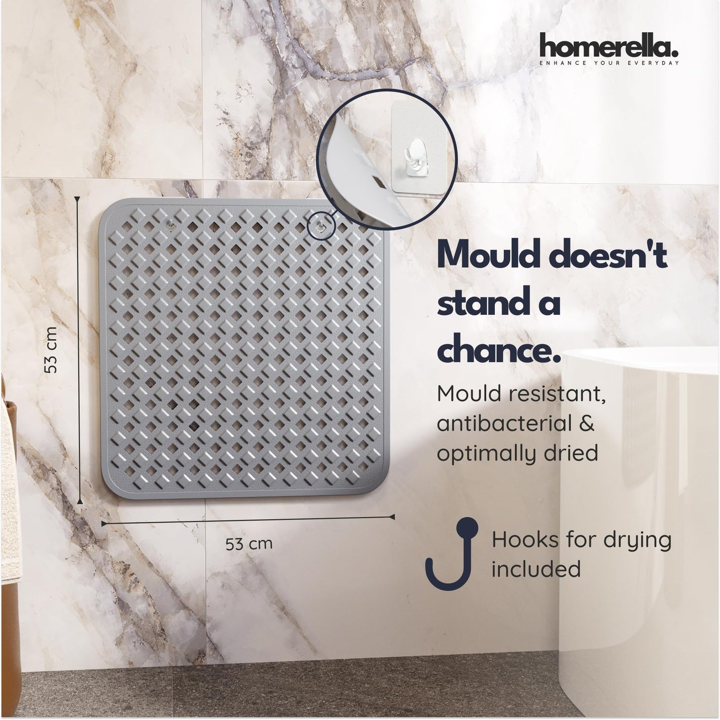 homerella Shower Mat Non Slip Anti Mould 53x53cm, Incl. Hooks for Drying