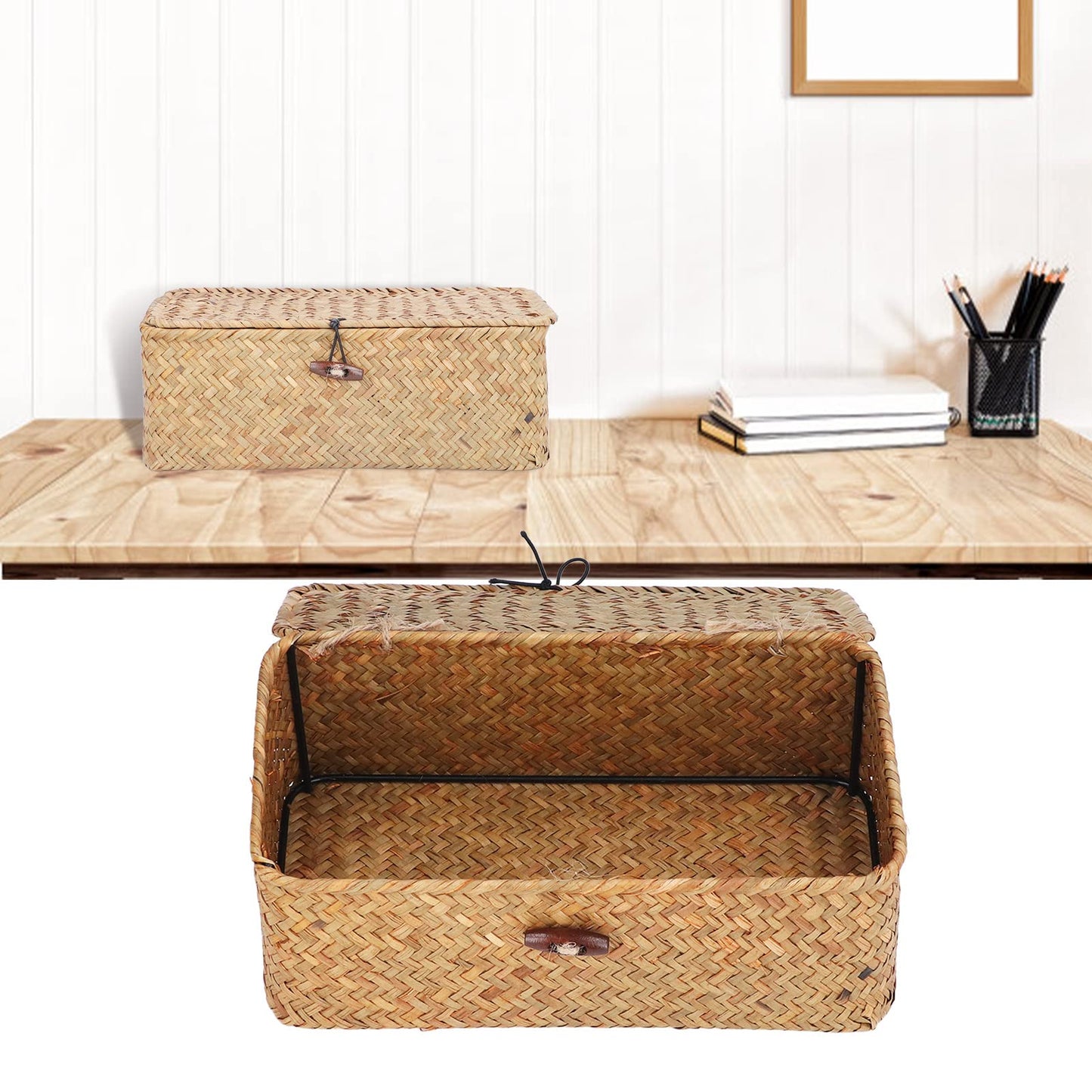 Wicker Storage Bins with Lid, Multipurpose Dustproof Seagrass Basket Rectangular Household Organizer Box Shelf Wardrobe Organizer (M)