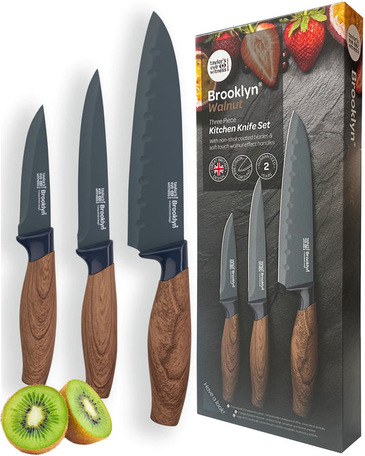 Taylors Eye Witness 3pc Walnut Look Presentation Knife Set - Brooklyn Anti-Bacterial Non Stick Blue Coated Blades. 9cm Paring, 13cm All-Purpose & 16cm