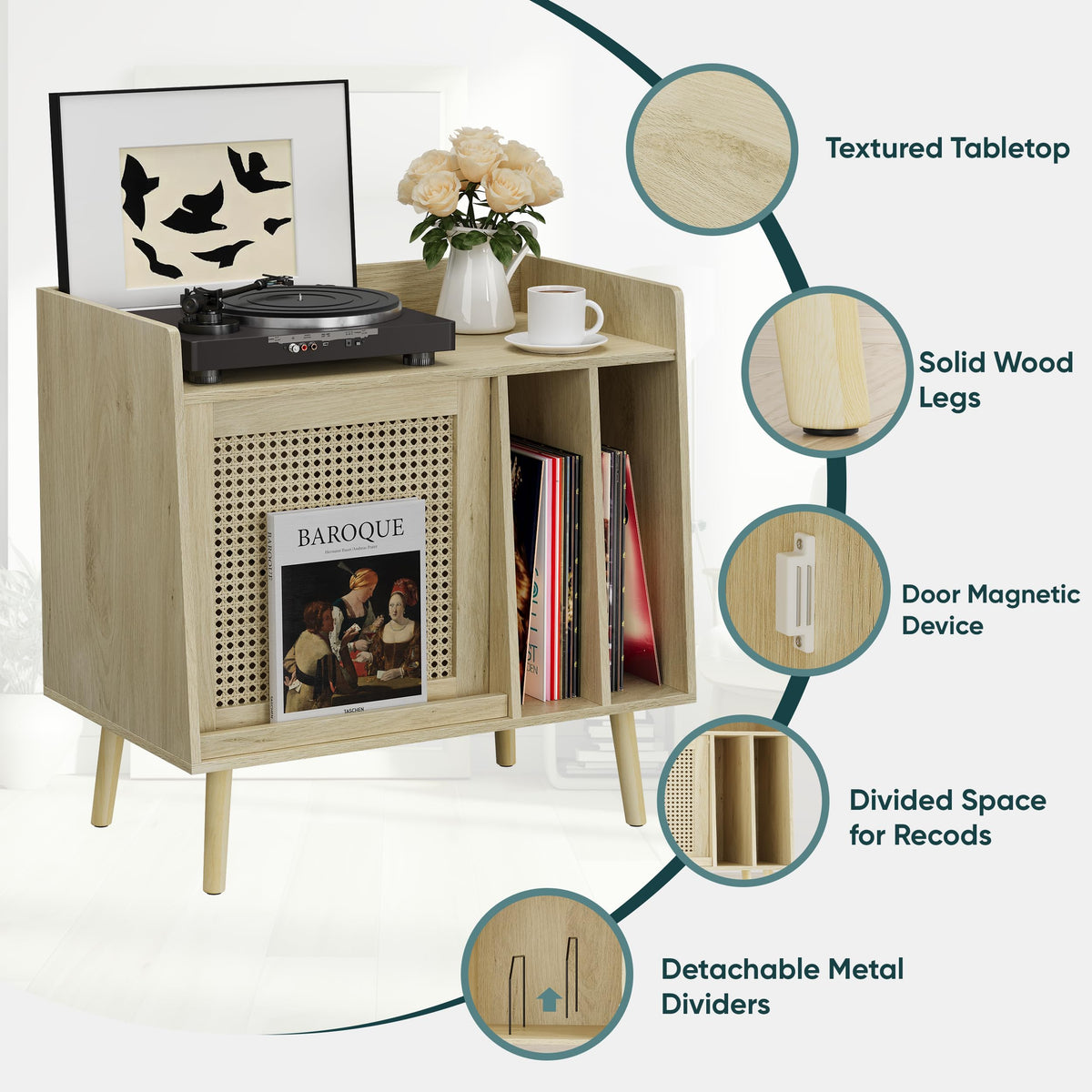 Semiocthome Record Player Stand with Vinyl Storage, Record Player Table with Storage Shelf, Turntable Stand with Rattan Cabinet Door Small