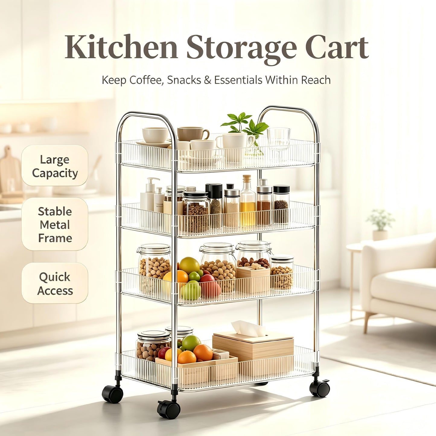 Guyi-Duck Clear Acrylic Storage Cart with Wheels, Transparent Rolling Organiser Trolley for Kitchen, Bathroom, Office and Home Corner