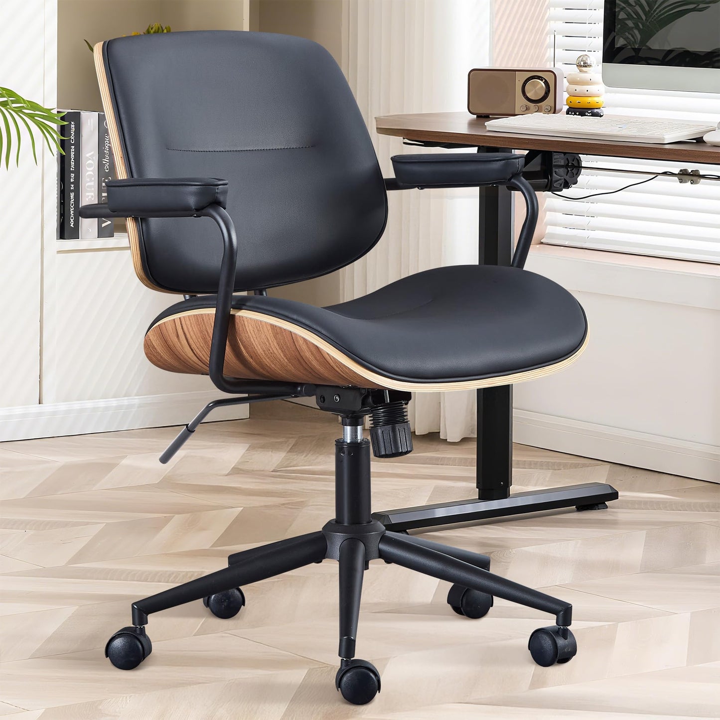 BERYTH Office Computer Desk Chair Mid Century Modern Office Chair Swivel Rolling Task Chair with Armrests and Walnut Back, Adjustable