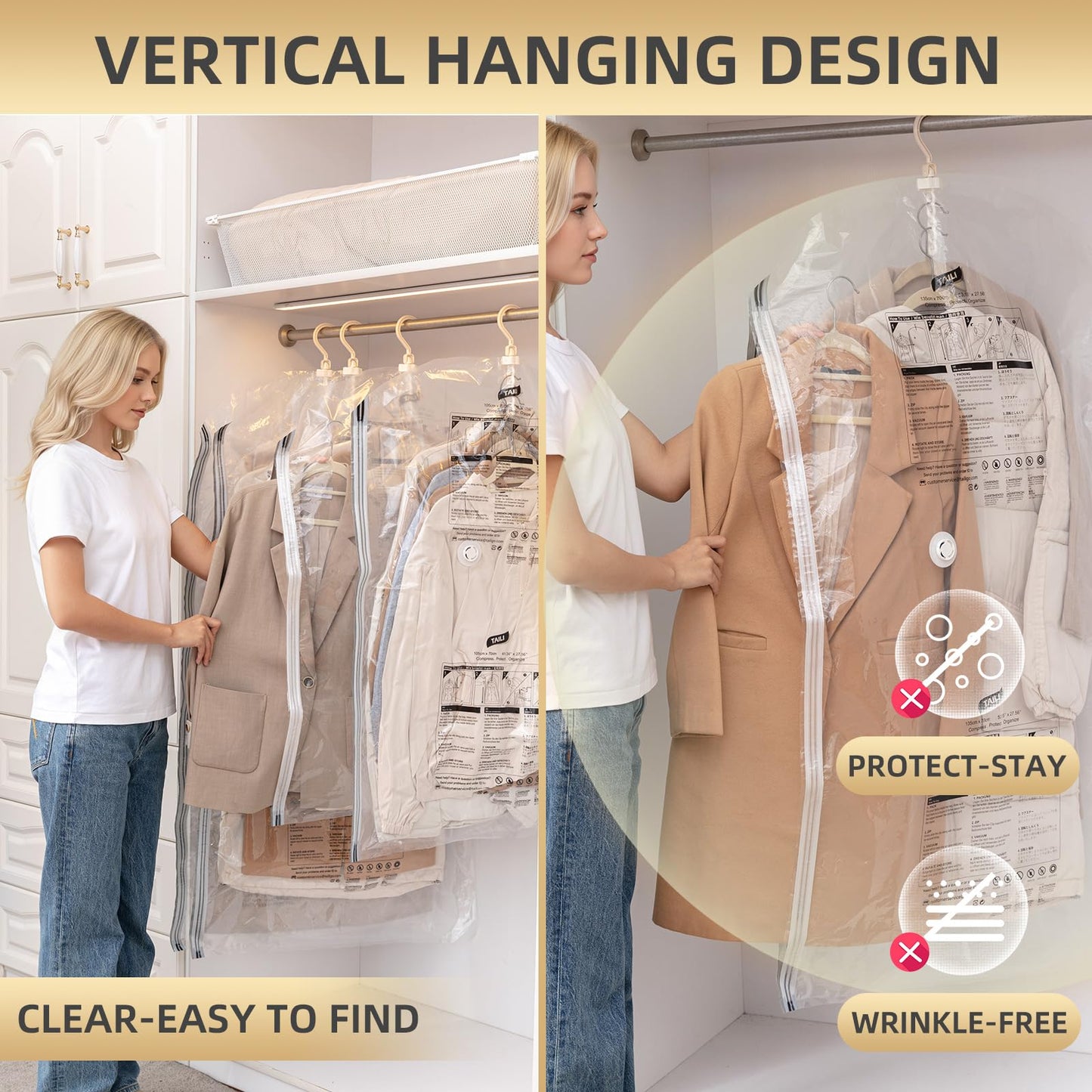 Hanging Vacuum Storage Bags, 6 Large Vacuum Pack Bags for Clothes Reusable Space Saver Bags Vacuum Compression Storage Bags for Winter Coats Wardrobe