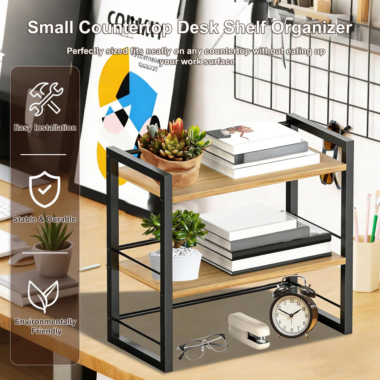 Desk Shelf Organizer, 2 Tier Desktop Bookshelf for Office Desk Storage