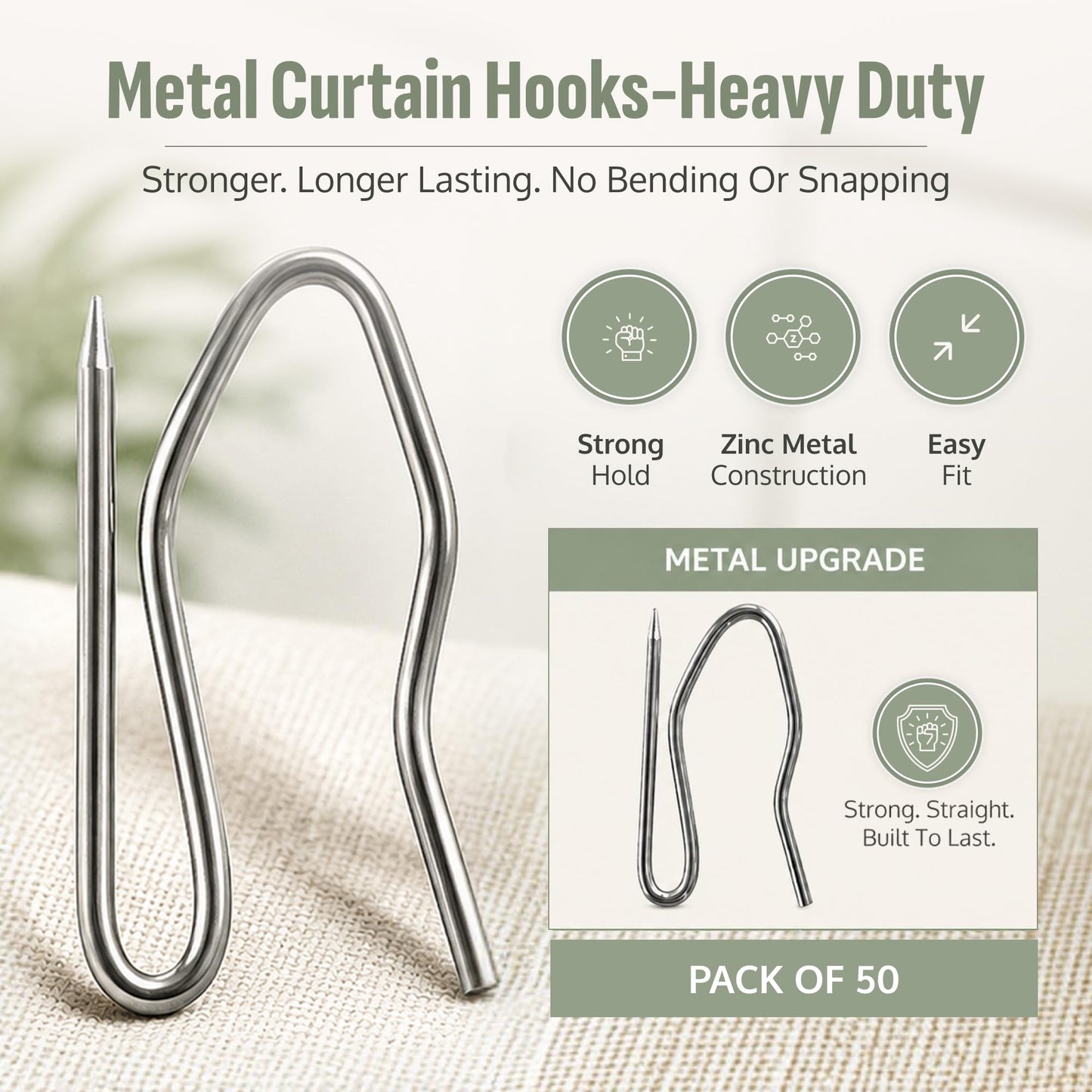 Metal Curtain Hooks - Heavy Duty Zinc Pin Hooks, 50 Pack Curtain Pins for Pencil Pleat & Pinch Pleat Heavy Lined Curtains, Heading Tape, Tracks