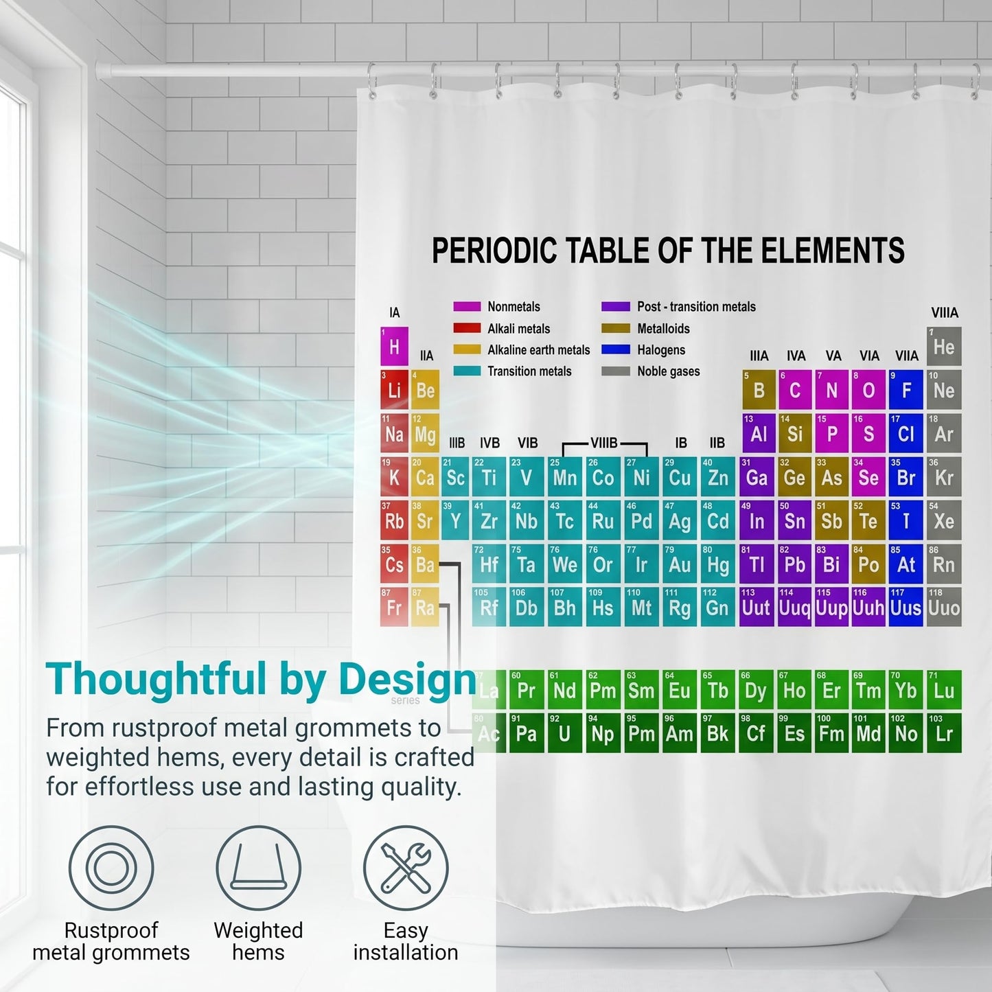 goodbath Periodic Table Shower Curtain 180 x 180 cm, Chemical Elements Waterproof Polyester Fabric Bath Curtain for Bathroom Bathtub Hotel