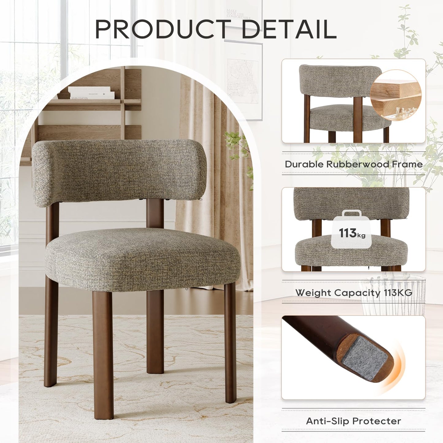COLAMY Wooden Dining Chairs Set of 6, Fabric Chairs for Dining Room with Open Curved Backrest and Thick Seat Cushion