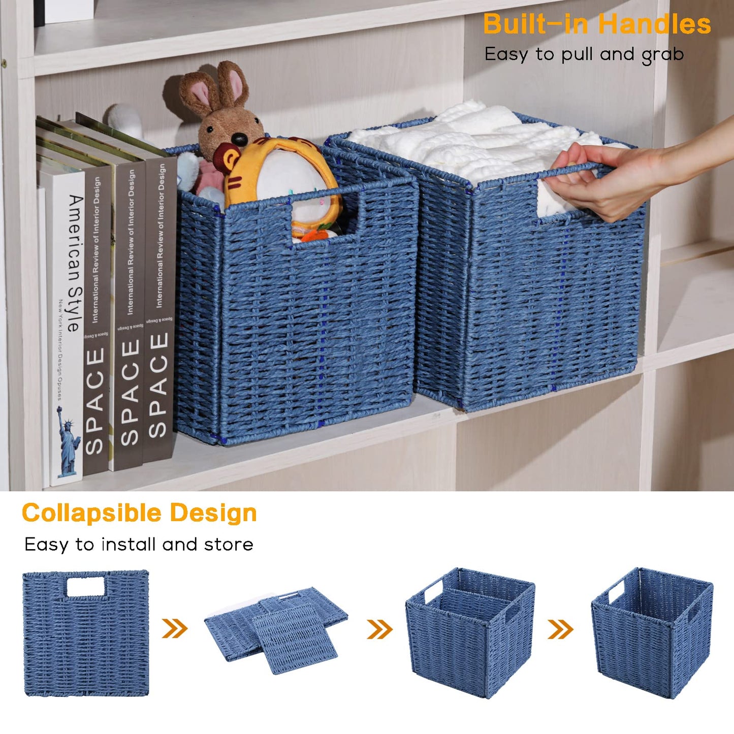 Vagusicc Wicker Storage Basket, Set of 2 Handwoven Wicker Basket for Storage, Foldable Storage Baskets Organizer Cube Bins with Handles for Shelves