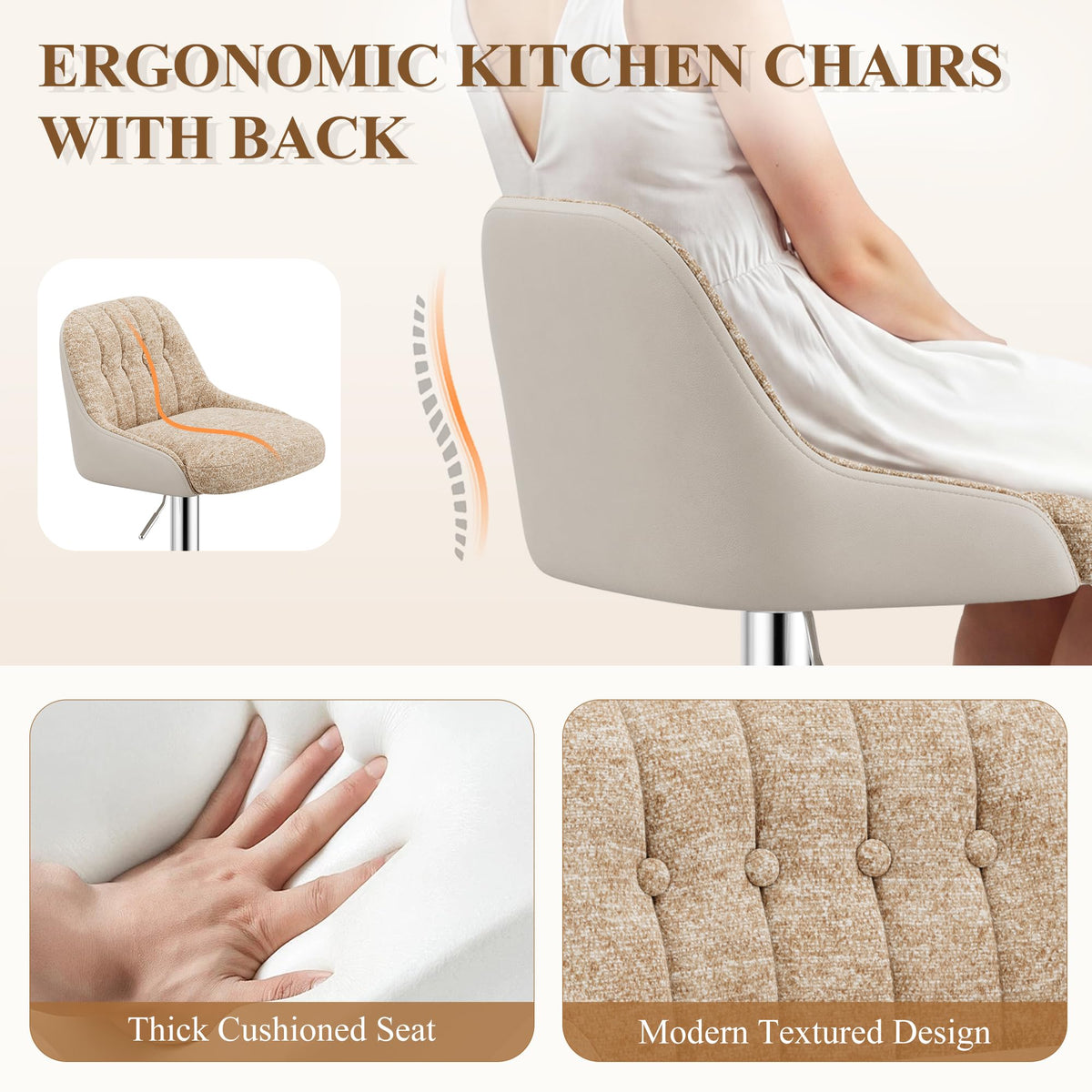 MALOL Adjustable Bar Stools Set of 6, Swivel Counter Stools with Backrest, Chenille & Faux Leather Upholstered Bar Chairs