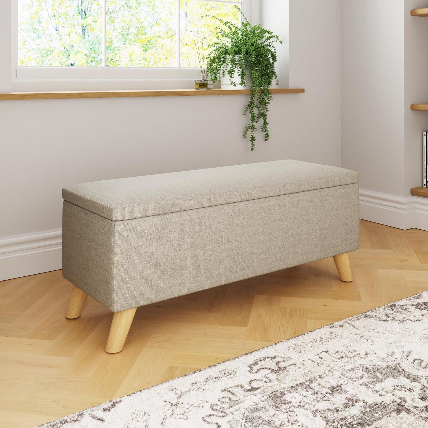 GFW Secreto Ottoman Storage Bench in Natural Fabric, Upholstered Footstool with Wooden Legs & Hidden Storage