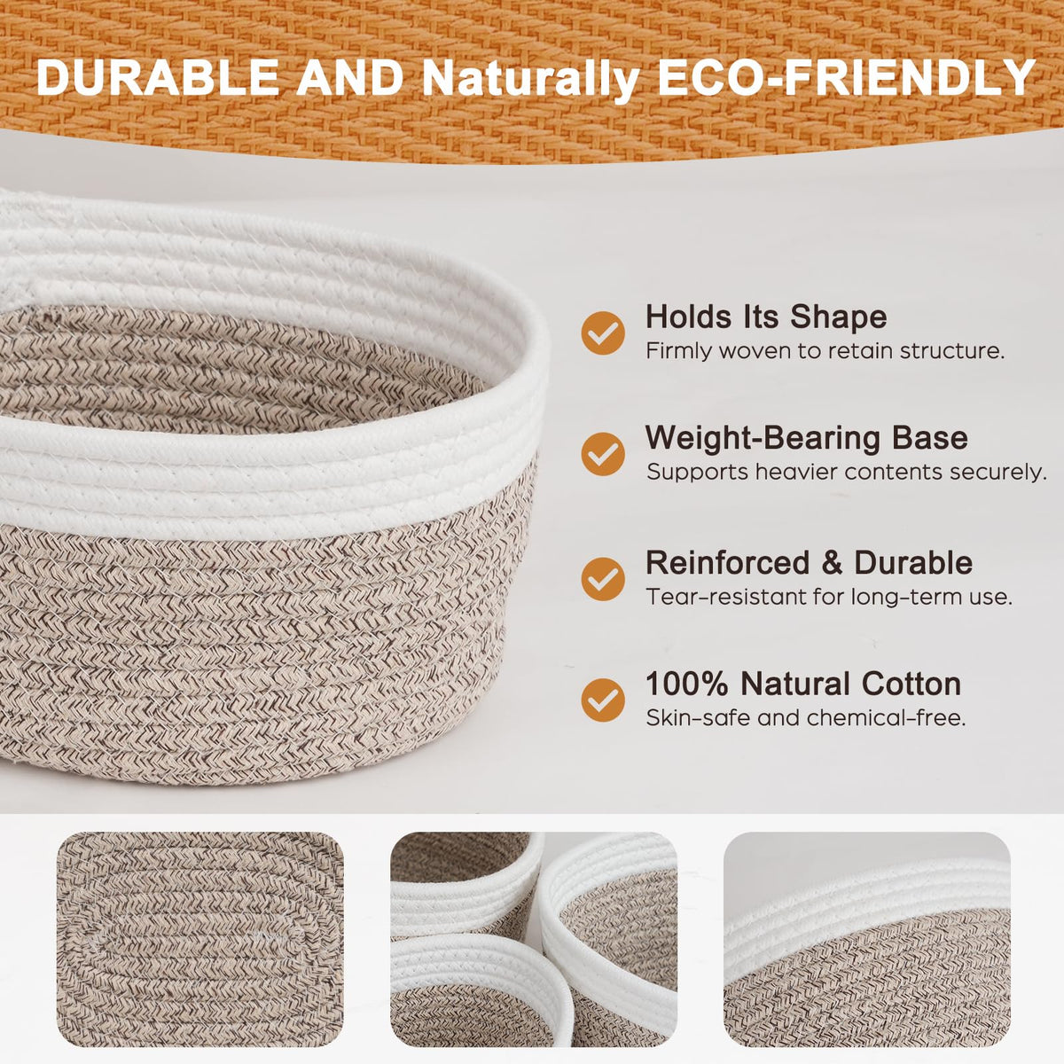 Purecas Braided Cotton Rope Storage Baskets 3-Piece Set Stackable Organiser Baskets for Nursery Changing Table Living Room & BathroomBrown 3 Size