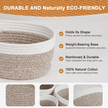 Purecas Braided Cotton Rope Storage Baskets 3-Piece Set Stackable Organiser Baskets for Nursery Changing Table Living Room & BathroomBrown 3 Size