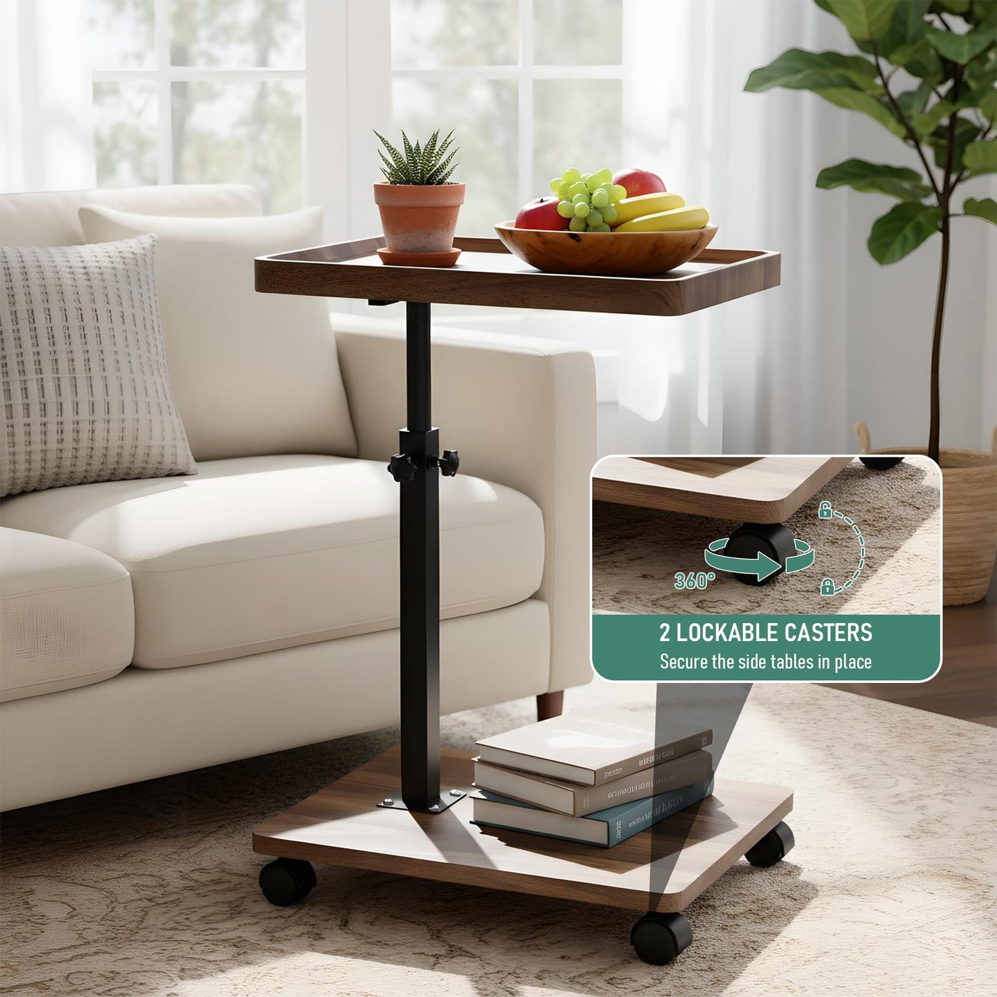YYW C Shaped Side Table, Height Adjustable Bedside Table with Wheels, 360°Swivel Sofa End Tables, Wooden Coffee End Table for Living Room Bedroom