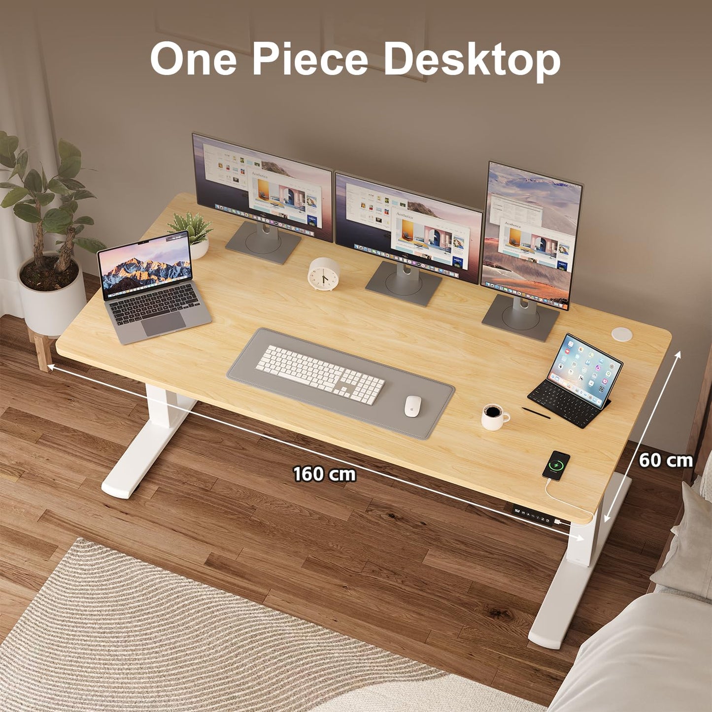 JUMMICO Height Adjustable Desk COMPLETE TABLE TOP Electric Desk Height Adjustable with Memory Function Standing Desk Computer Desk 160 x 60 cm, Beige