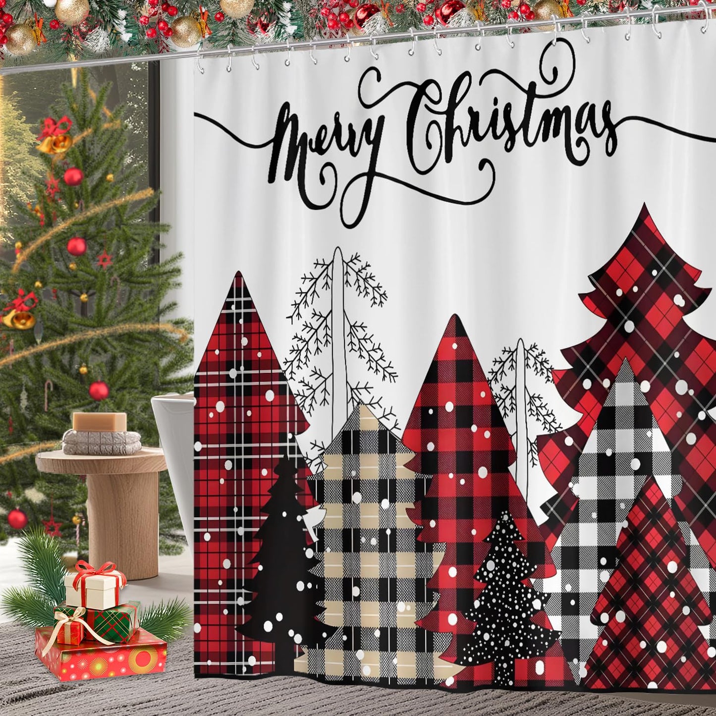 CoFlink 71×71 Inch Merry Christmas Shower Curtain, Waterproof Polyester Fabric Xmas Shower Curtain with 12 Hooks Machine Washable Quick Dry for