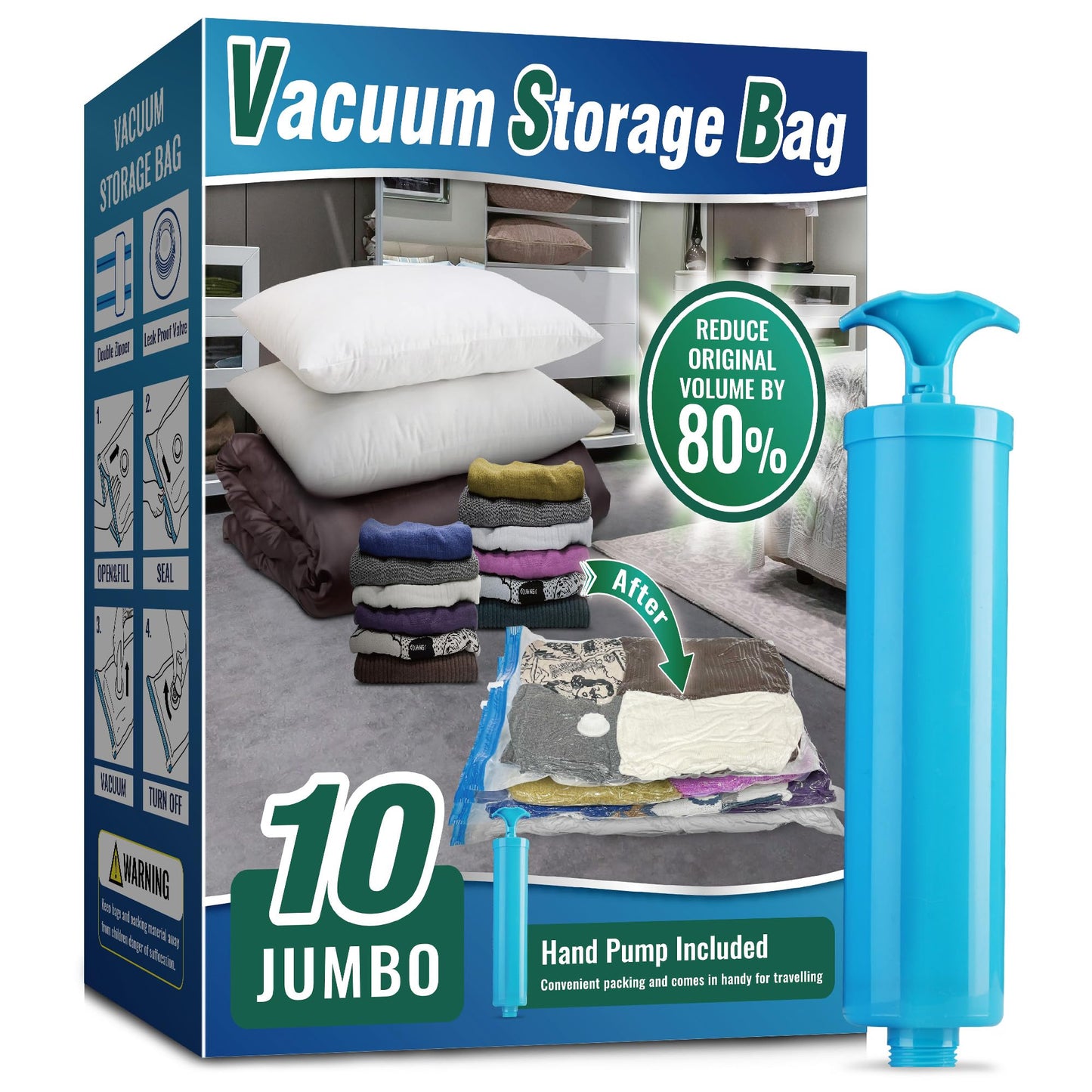 Oumaru Vacuum Storage Bags for Clothes, Vacuum Bags, Space Saver Bags for Clothes, Duvets and Pillows, Hand Pump Included, Pack of 10, Jumbo Size