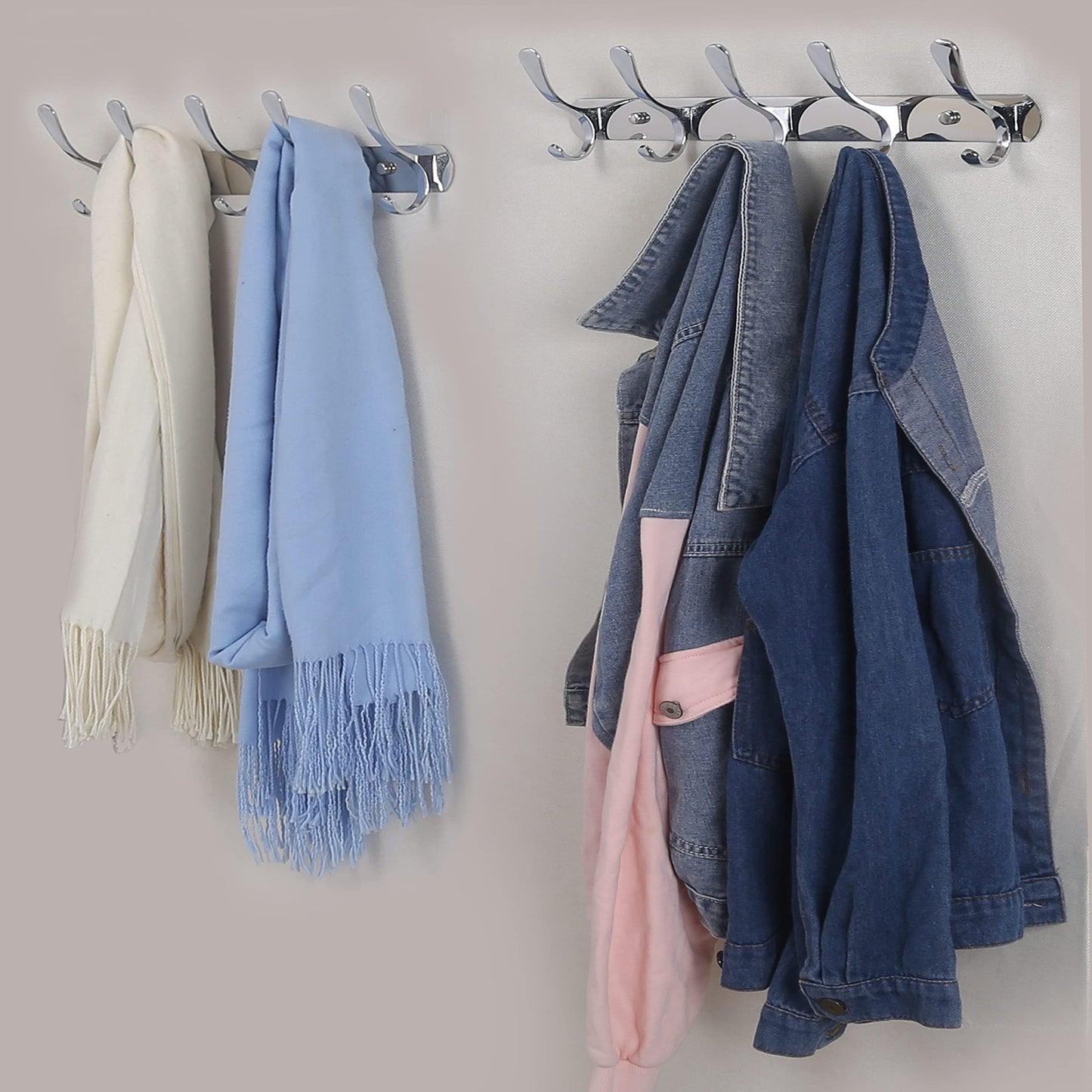 SKOLOO Coat Rack Wall Mount - Modern, Metal Wall Coat Rack with 5 Hooks, Pack of 2, Sturdy Wall Hook Rack Rail for Hanging Coat, Jacket, Clothes, Hat