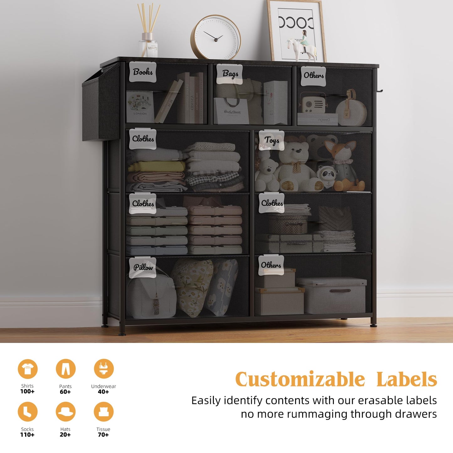 PURFINO Fabric Chest of Drawers - Canvas Storage Unit with 9 Drawers, Label Cards, Side Pocket & Hook for Living Room, Hallway, Bedroom