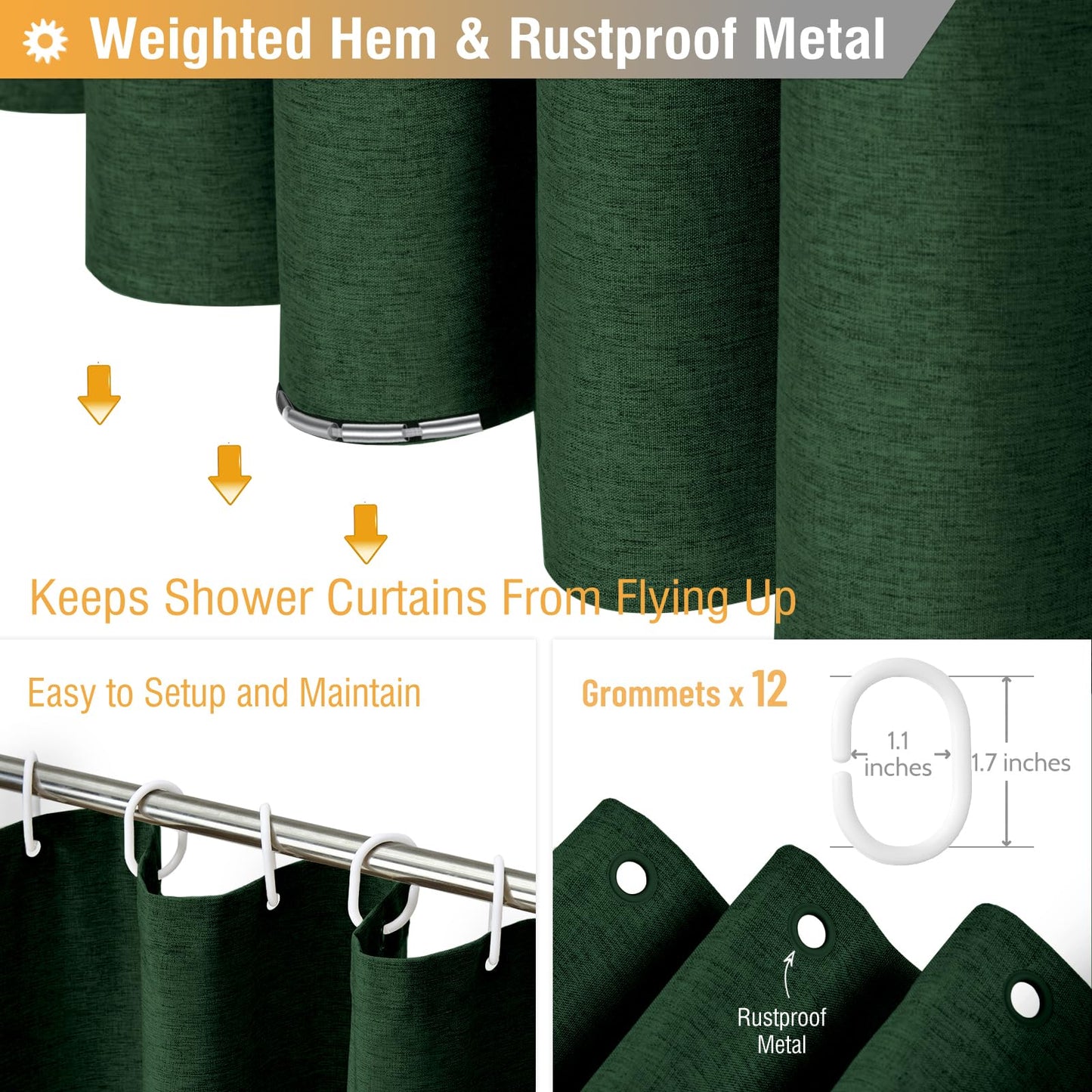 BTTN Linen Look Shower Curtain, Waterproof, 182x200cm, Emerald Green