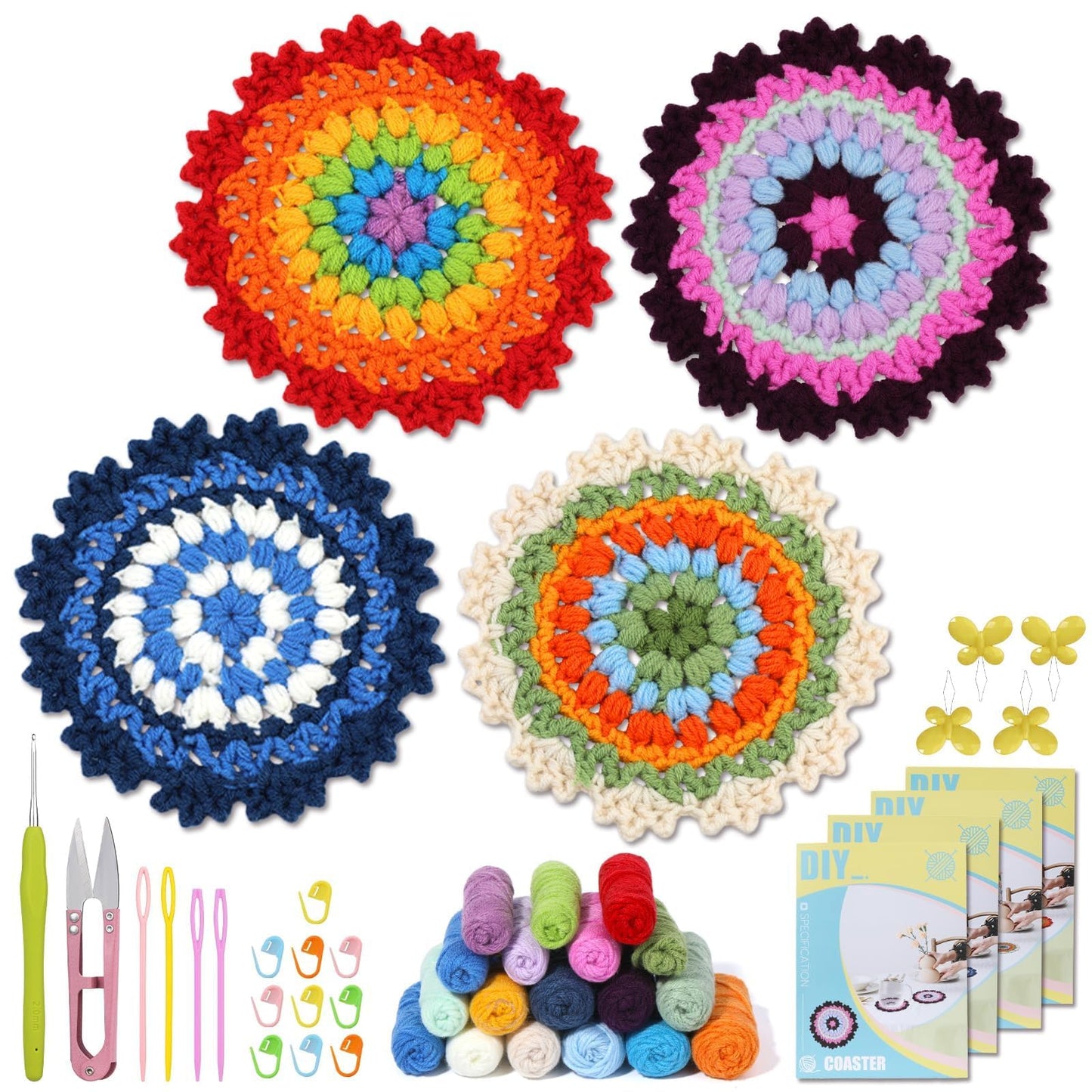 BUOKKON Crochet Kit for Beginners, Coaster Beginner Crochet Kit with Step-by-Step Video Tutorials Yarns Crochet Hook, Crochet Starter Kit for Adults