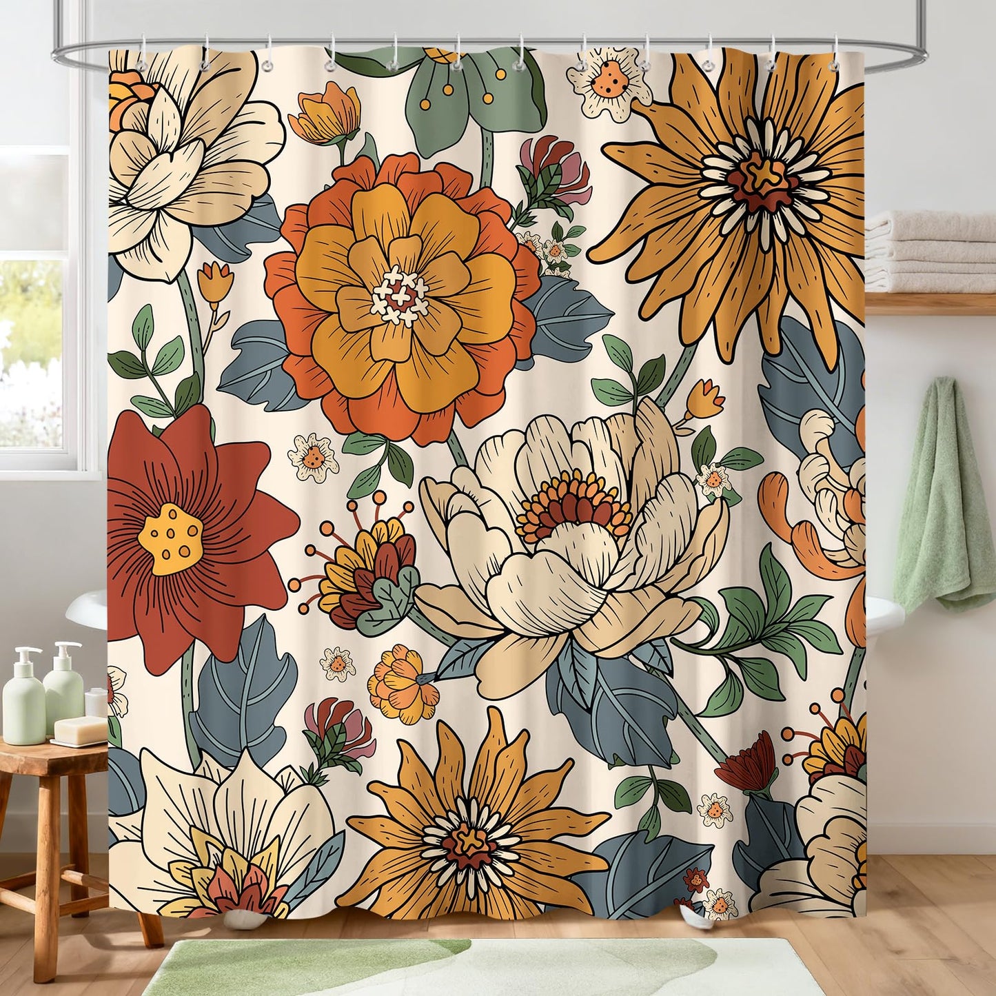 Hopomoon Beige Boho Shower Curtain,Beige Vintage Floral Abstract Farmhouse Bohemian Waterproof Fabric Bathroom Curtain with 12 Hooks,180 x 180cm