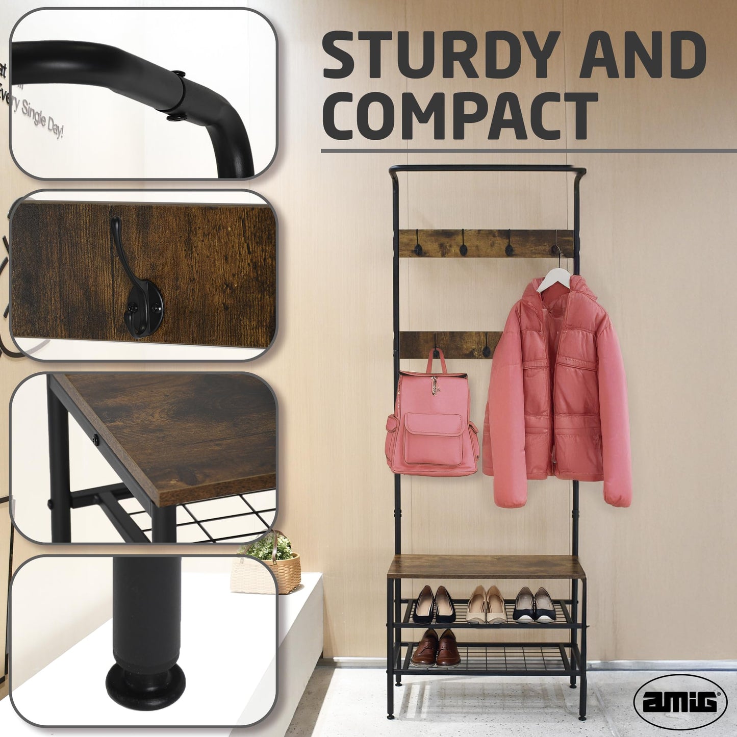 Amig - Coat Rack with Shoe Shelf Lukïen Entryway Furniture with Industrial Style Bench 183x66x32.5 cm Metal and Wood Black and Brown Furniture for