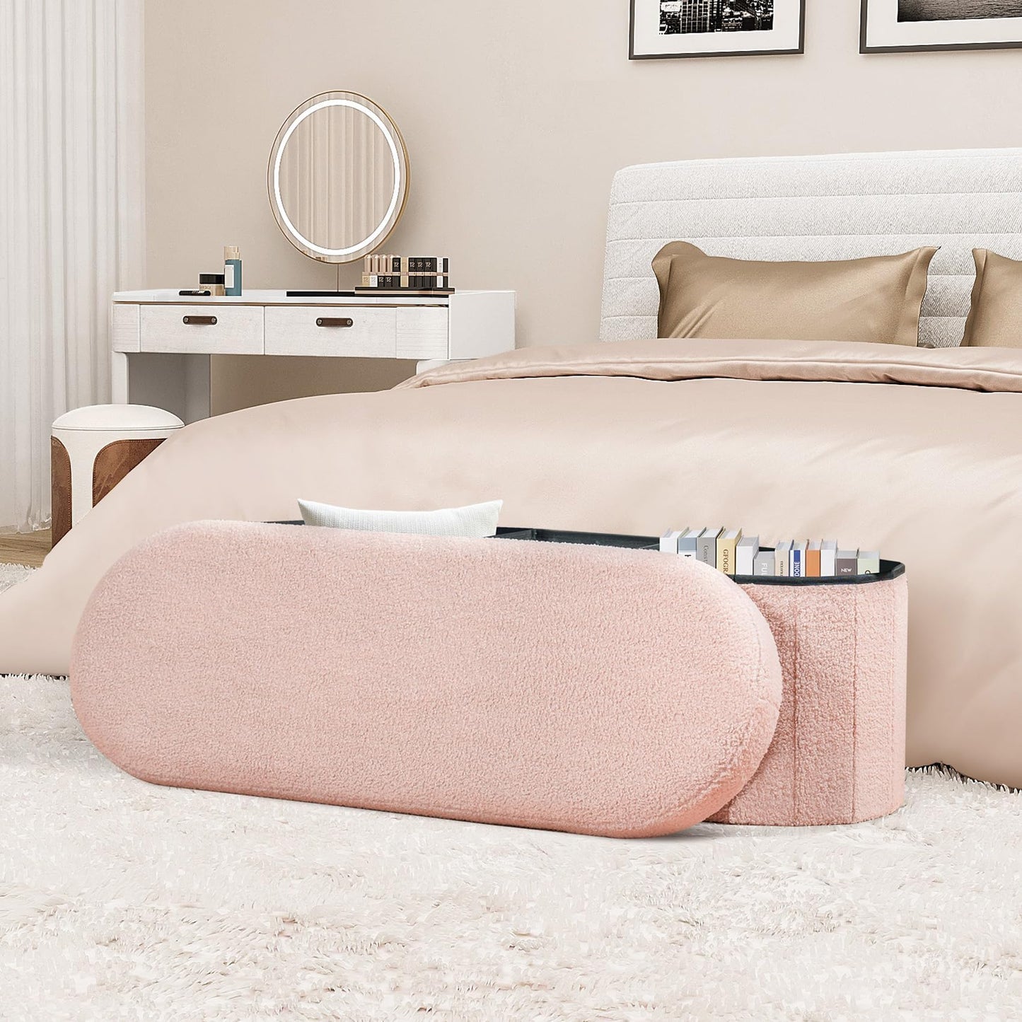 Bonlife Ottoman Storage Bench,Folding Boucle Footstool Oval, End of Bed Stool, Ideal for Living Room, Bedroom, 100L Storage Space,Pink,110x38x38cm