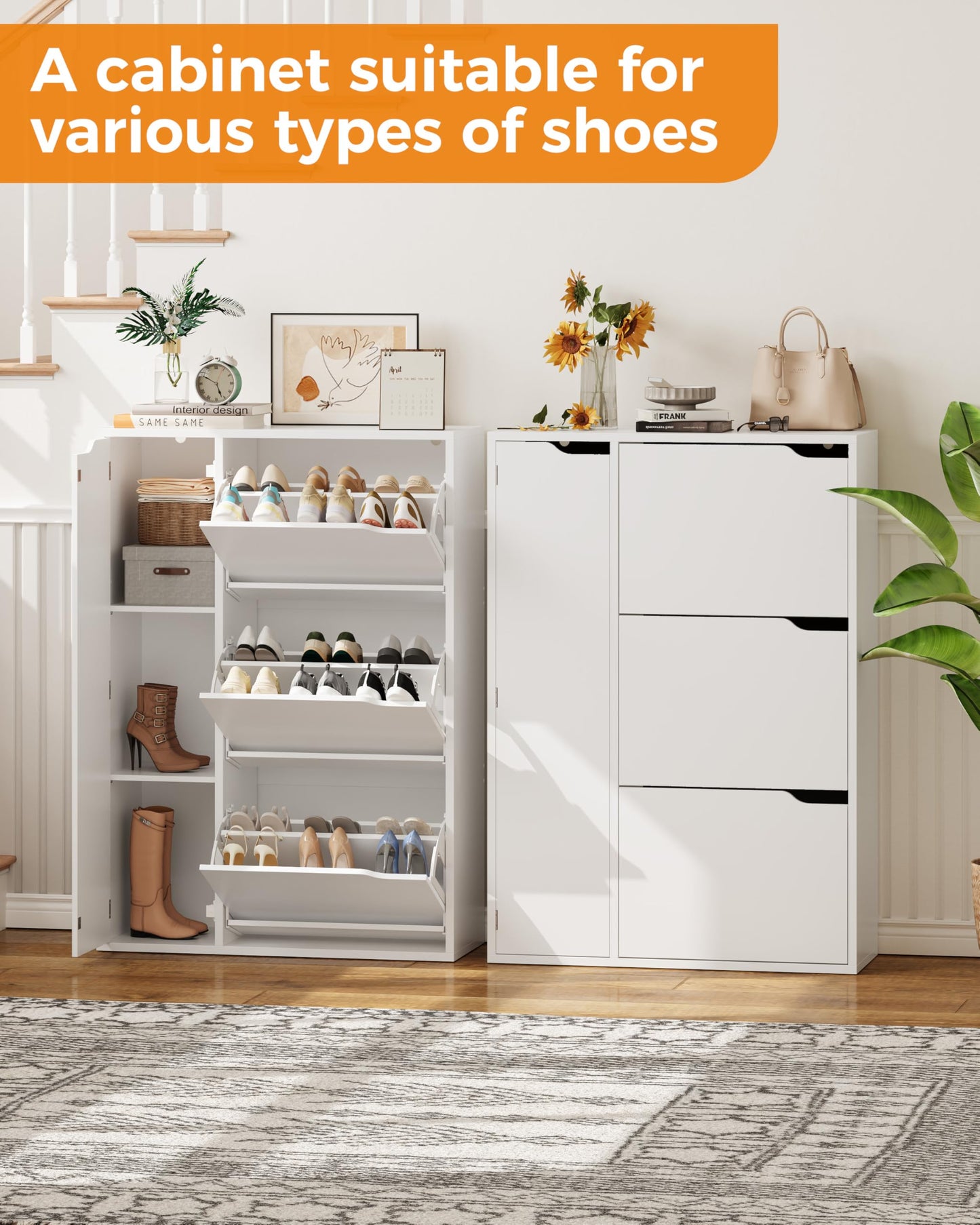 IRONCK Shoe Storage Cabinet Cupboard, 3 Flip Drawers, Shoe Rack Cabinet Hallway with Boot Cabinet, Free Standing Wooden Shoe Storage Organiser Unit